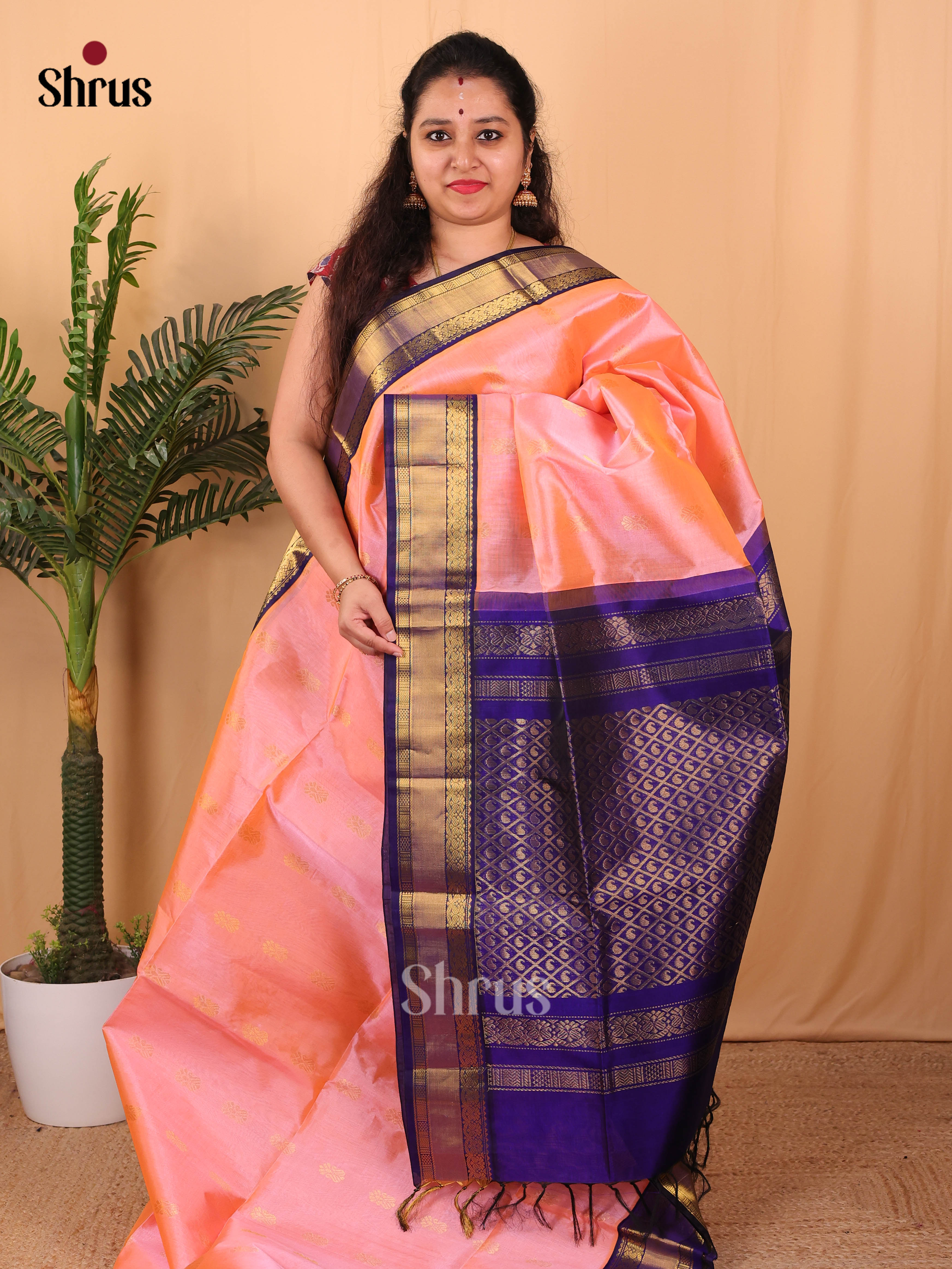 Peachish Pink & Blue - Silk Cotton Saree - Shop on Shrus.com