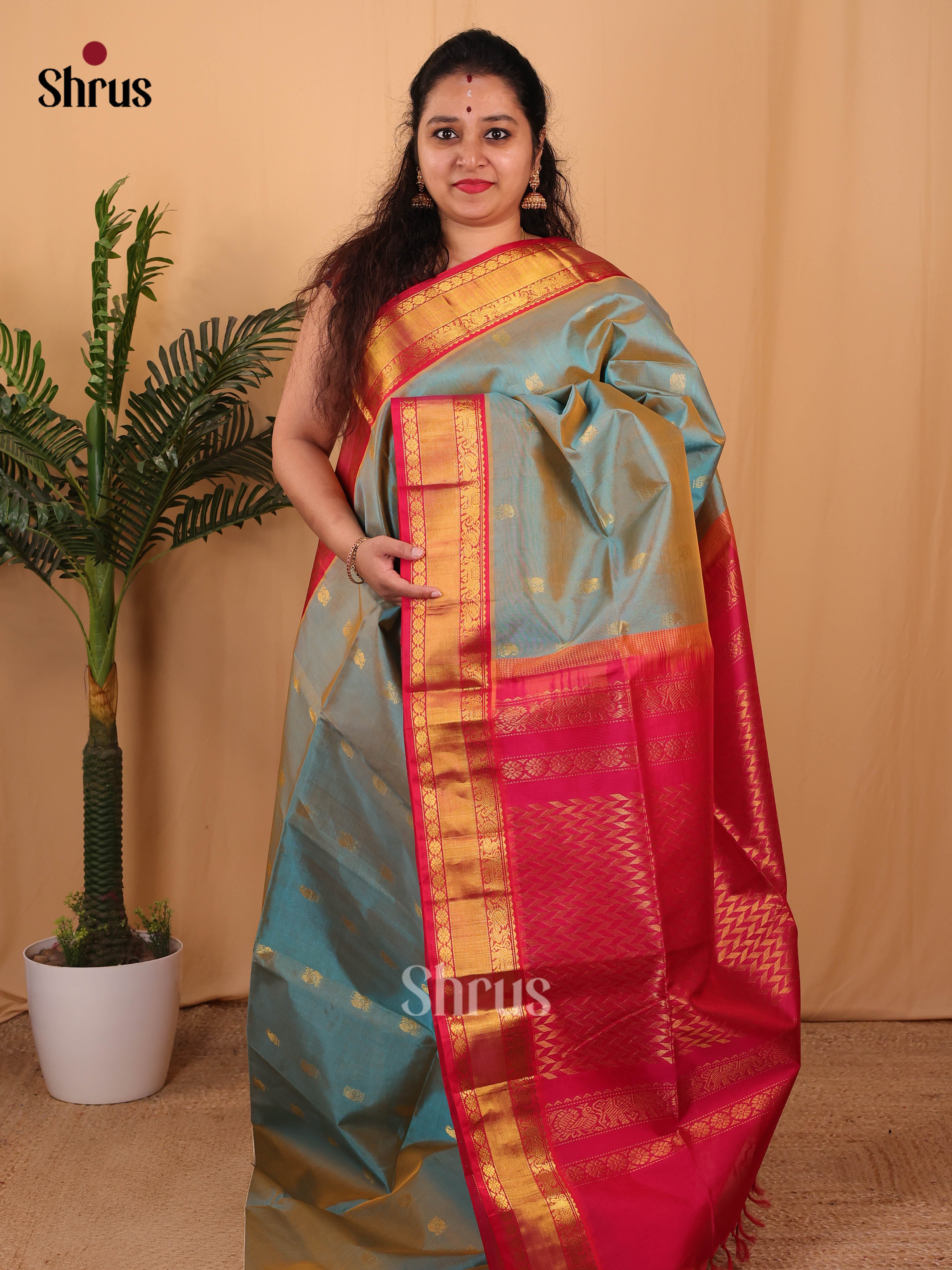 Double Shaded Blue & Maroon- Silk Cotton Saree - Shop on Shrus.com