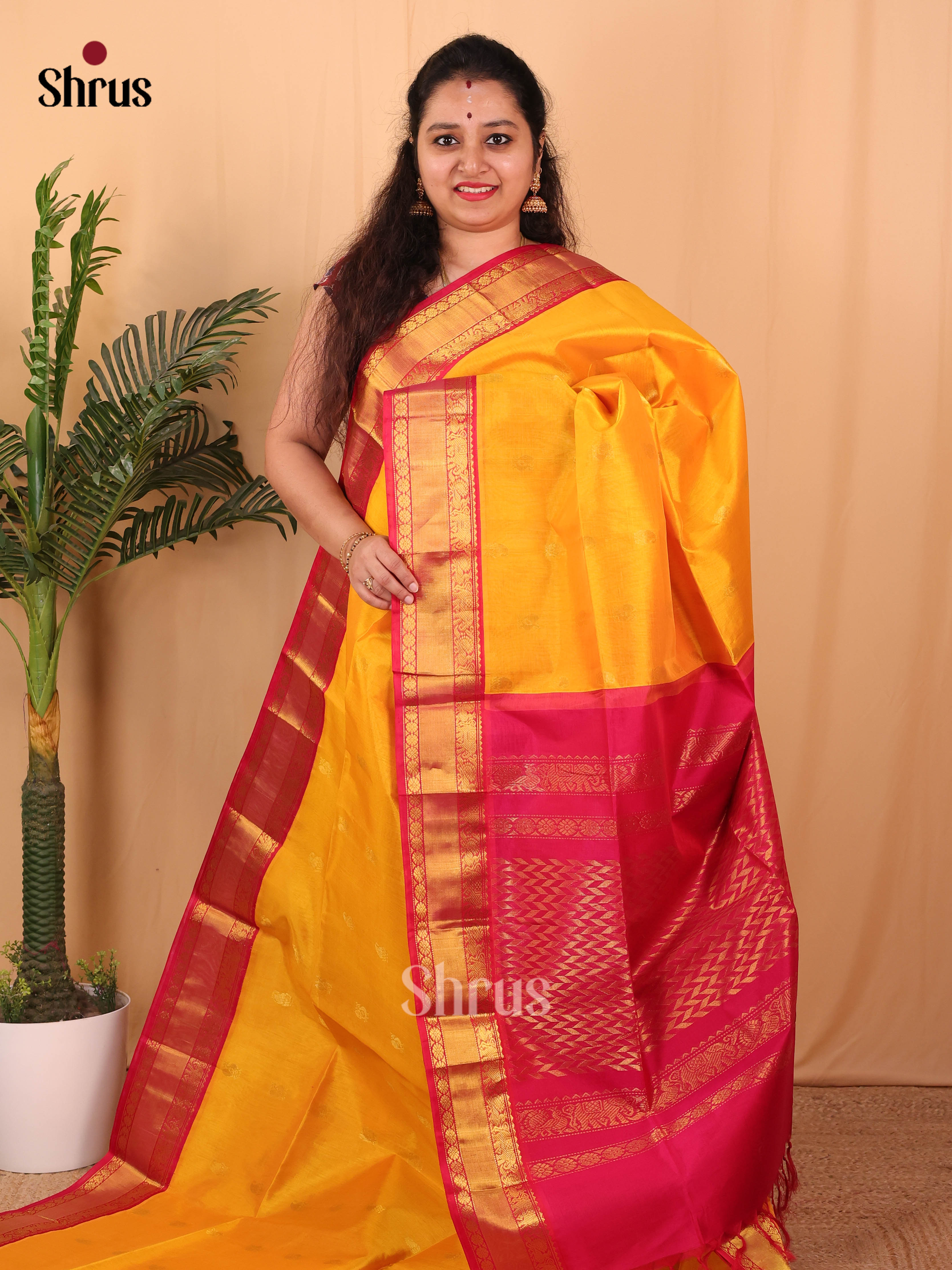 Yellow & Maroon- Silk Cotton Saree - Shop on Shrus.com