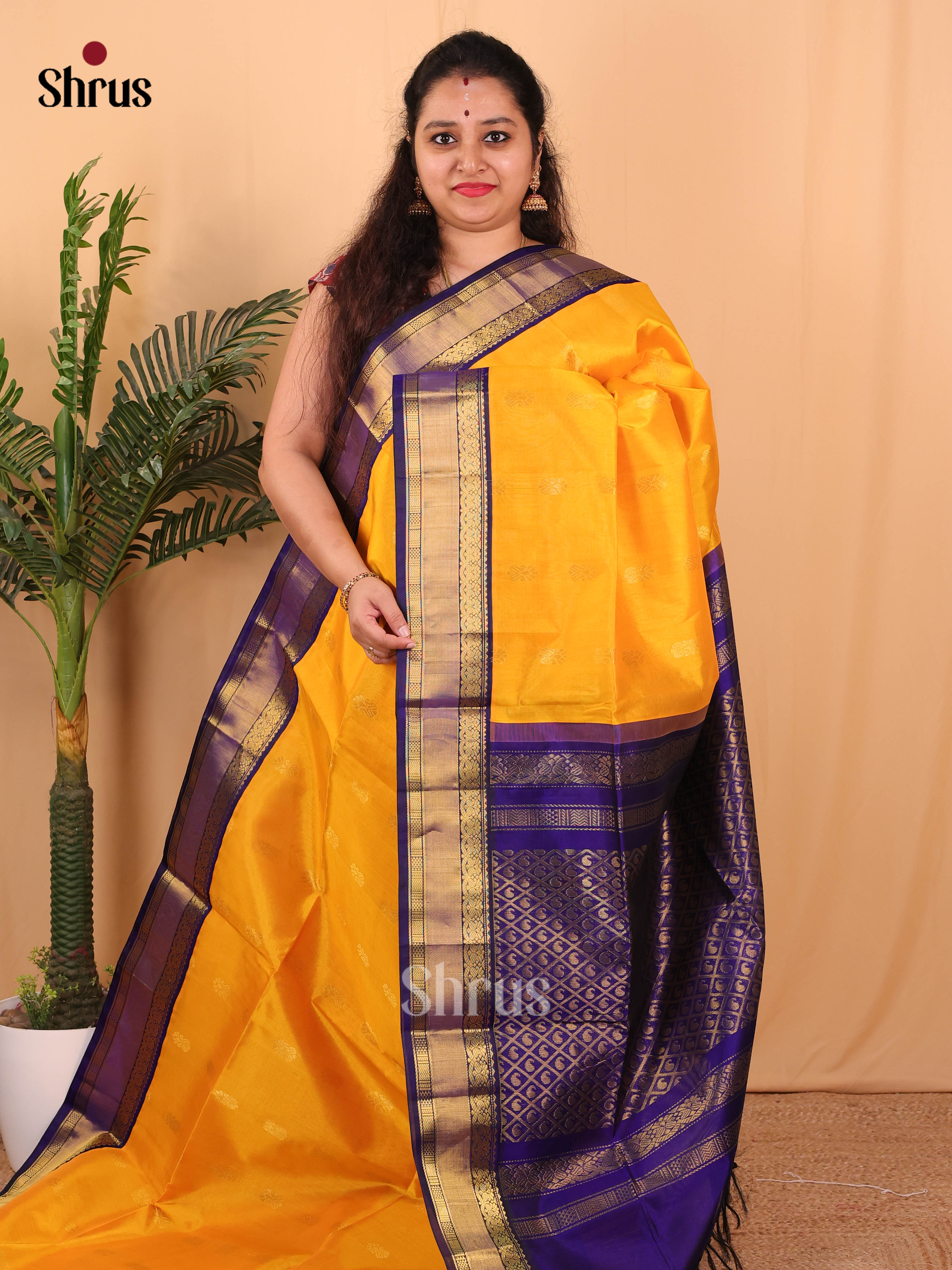 Mambazha Yellow & Blue - Silk Cotton Saree - Shop on Shrus.com