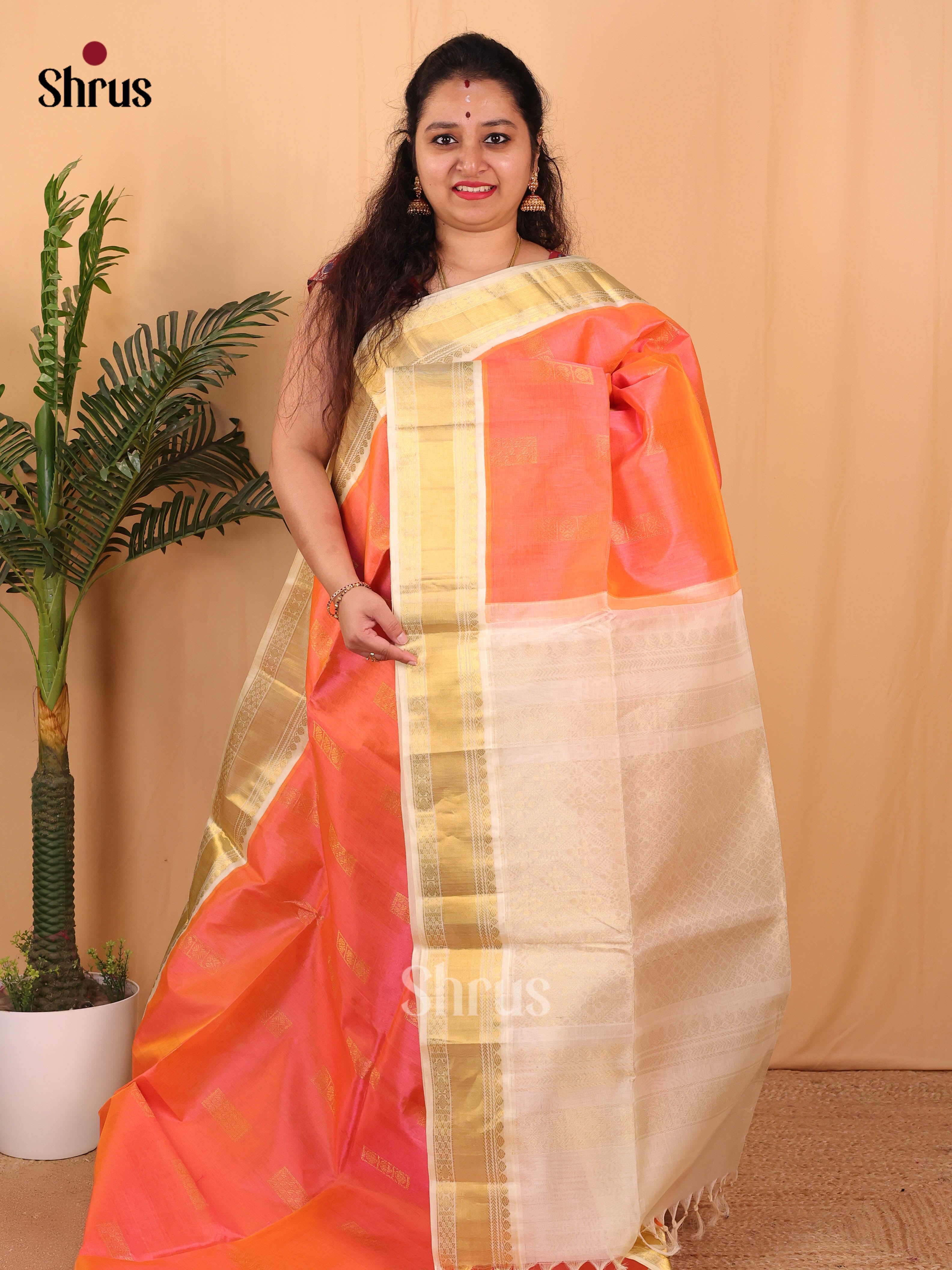 Orange & Cream - Silk Cotton Saree - Shop on Shrus.com