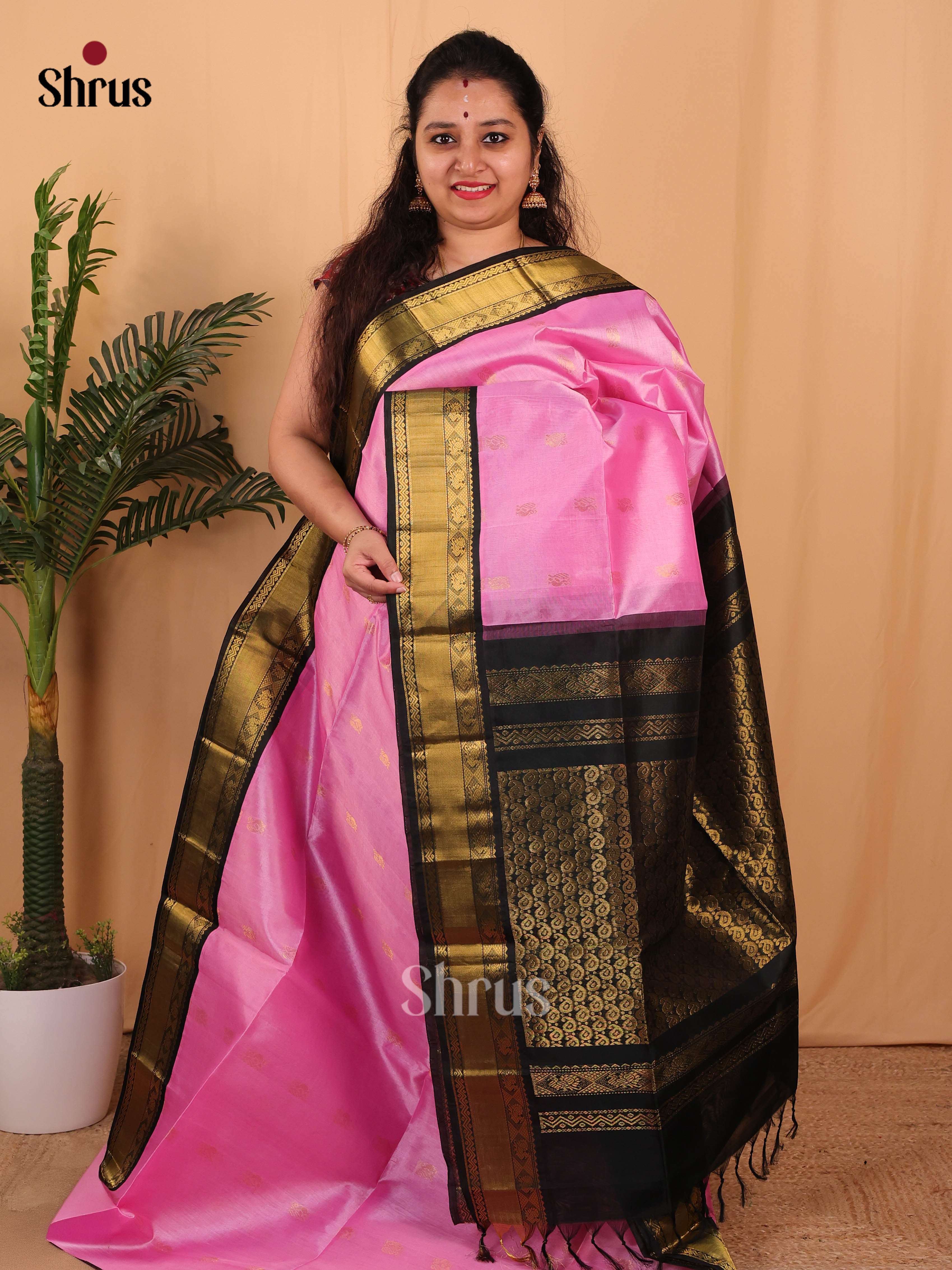 Pink & Black - Silk Cotton Saree - Shop on Shrus.com