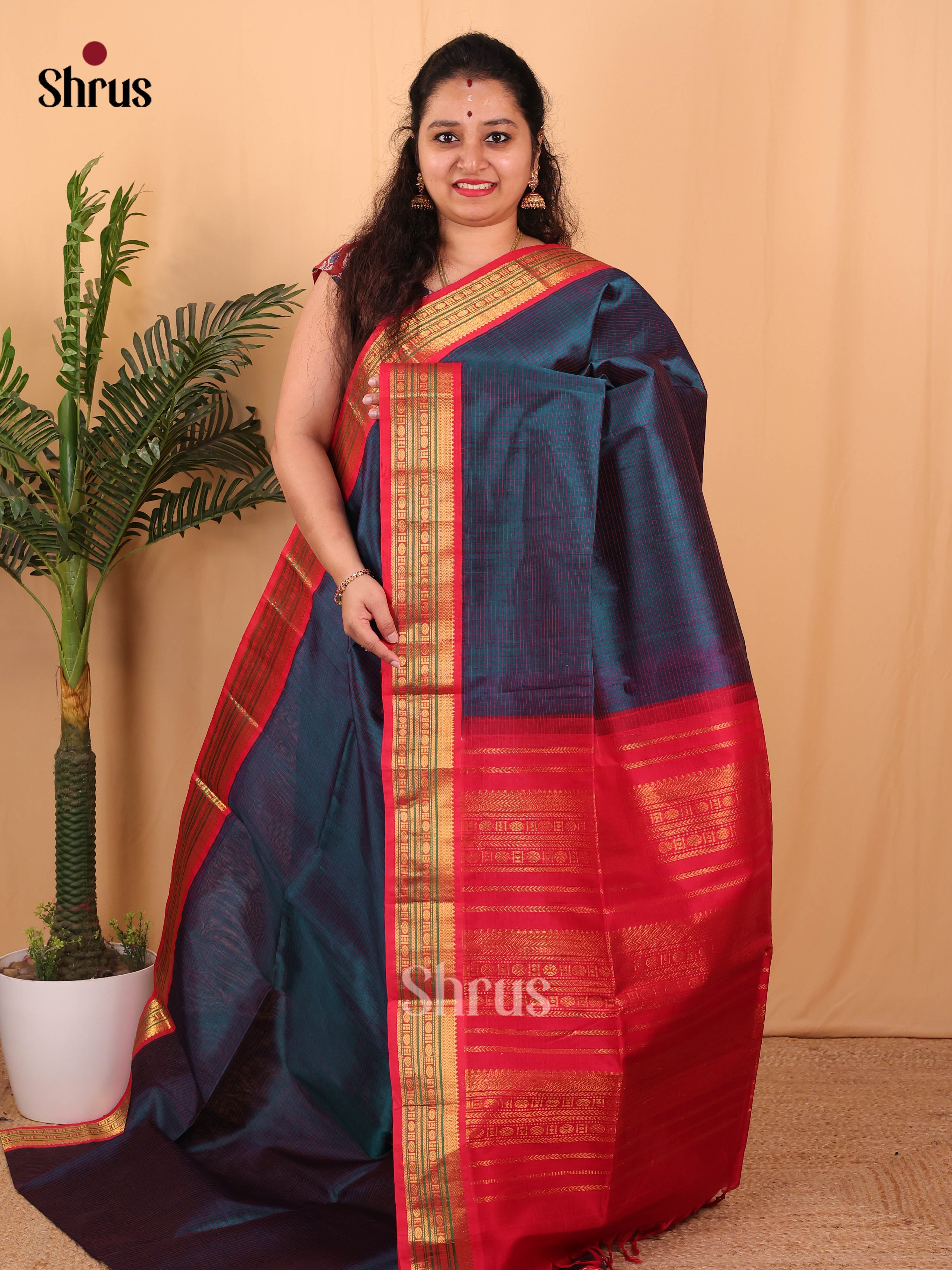 Peacock Blue & Red - Silk Cotton Saree - Shop on Shrus.com