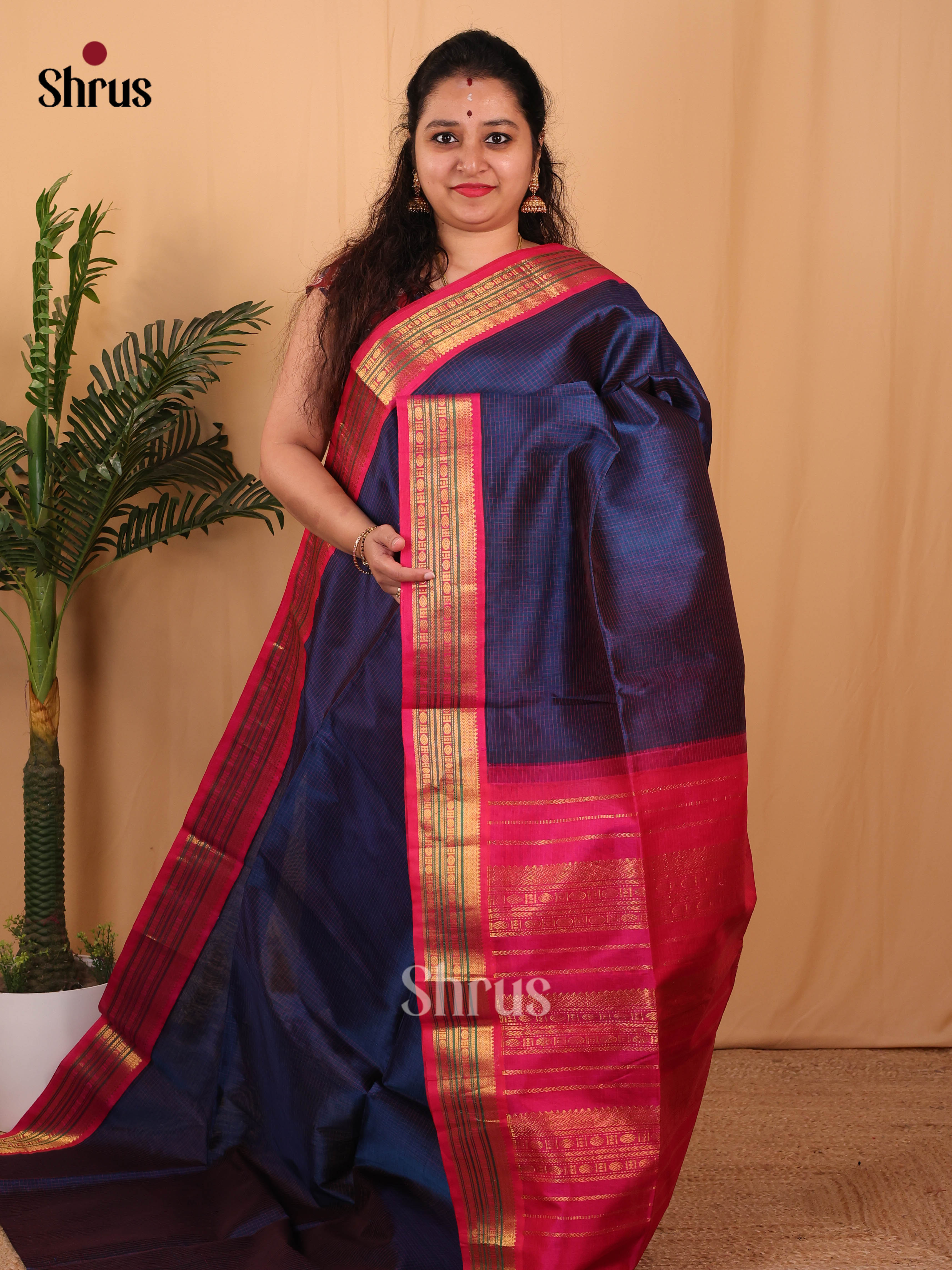 Blue & Pink - Silk Cotton Saree - Shop on Shrus.com