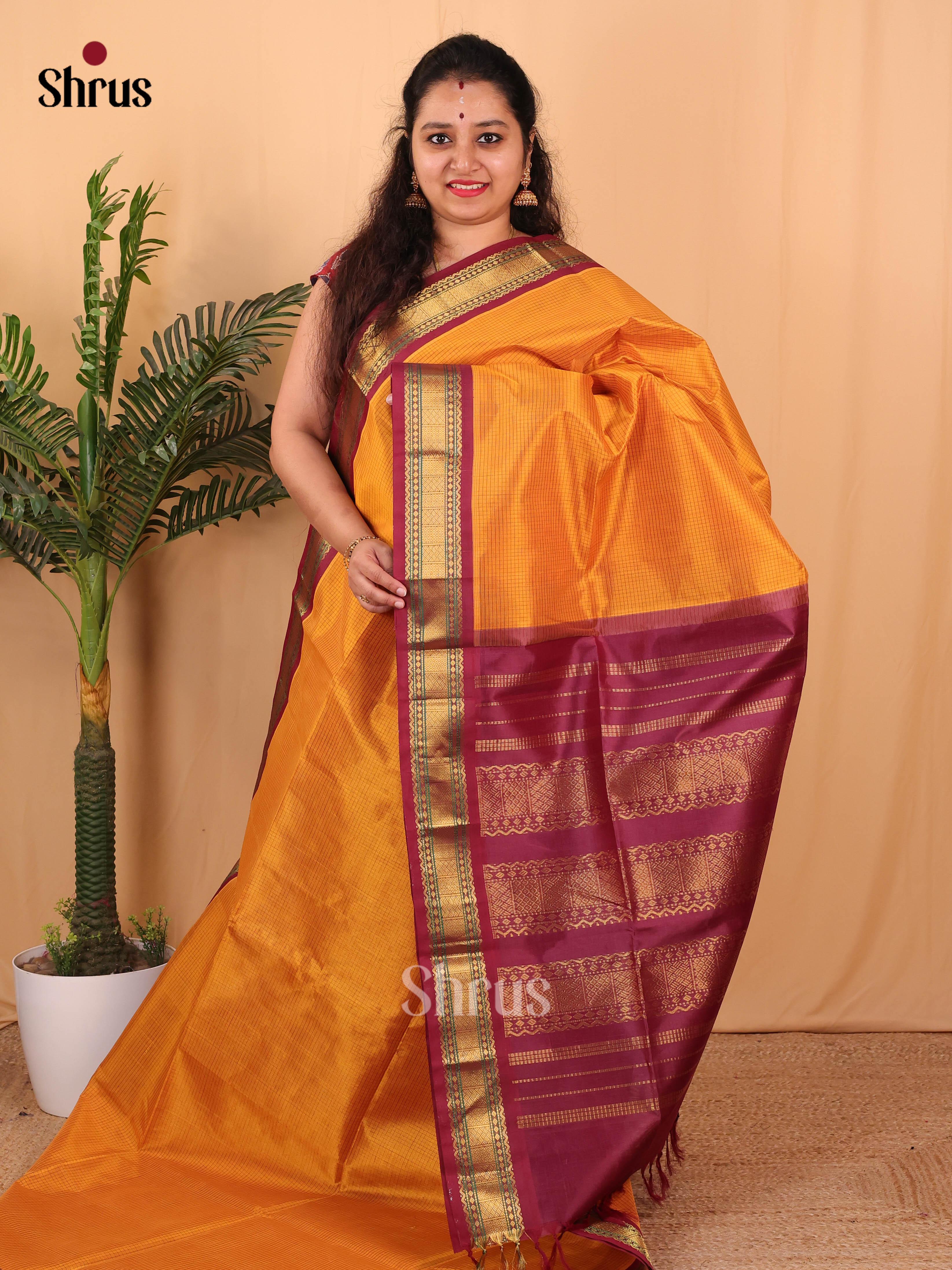 Mustard & Maroon - Silk Cotton Saree - Shop on Shrus.com