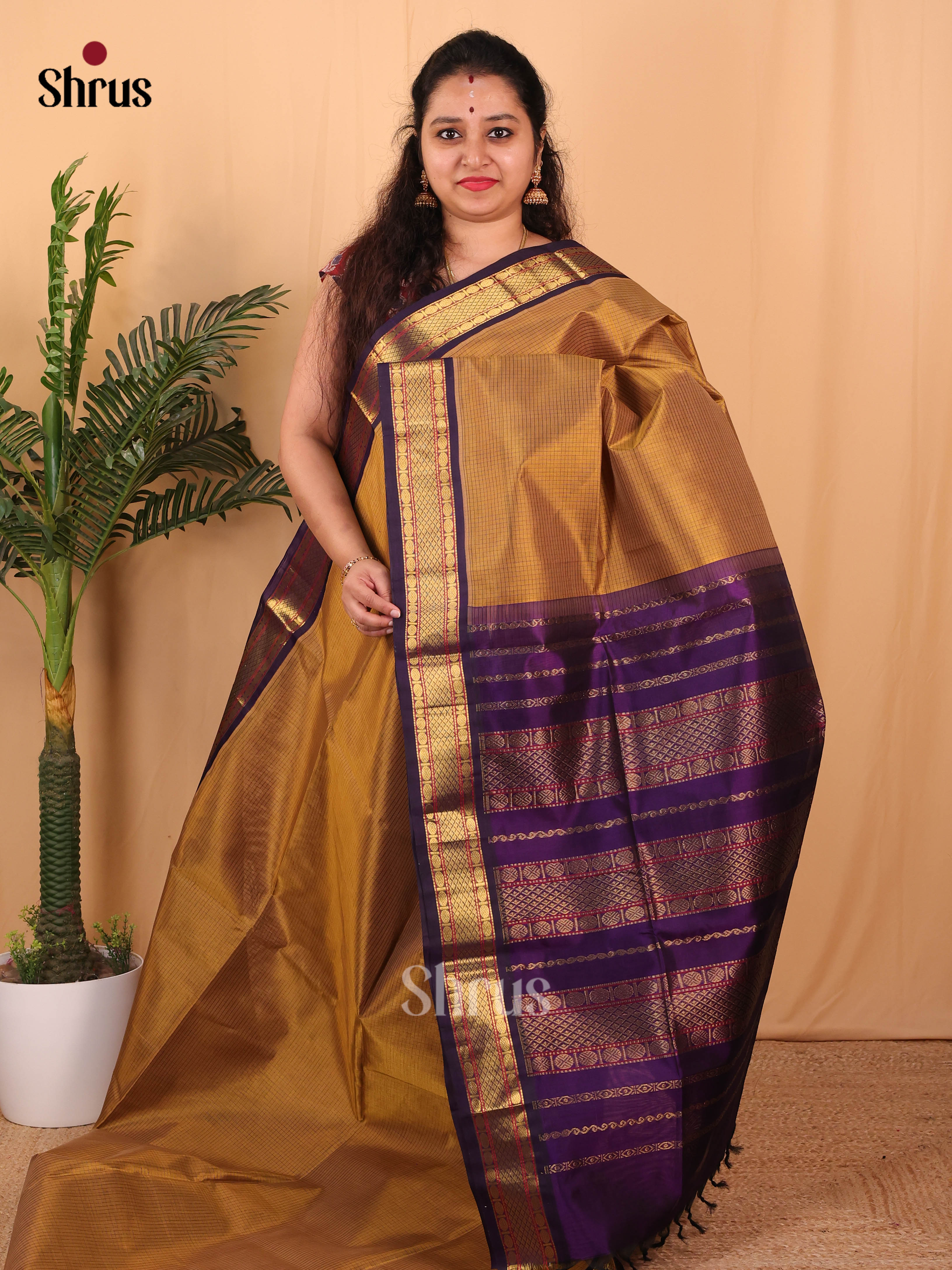 Brown & Violet - Silk Cotton Saree - Shop on Shrus.com