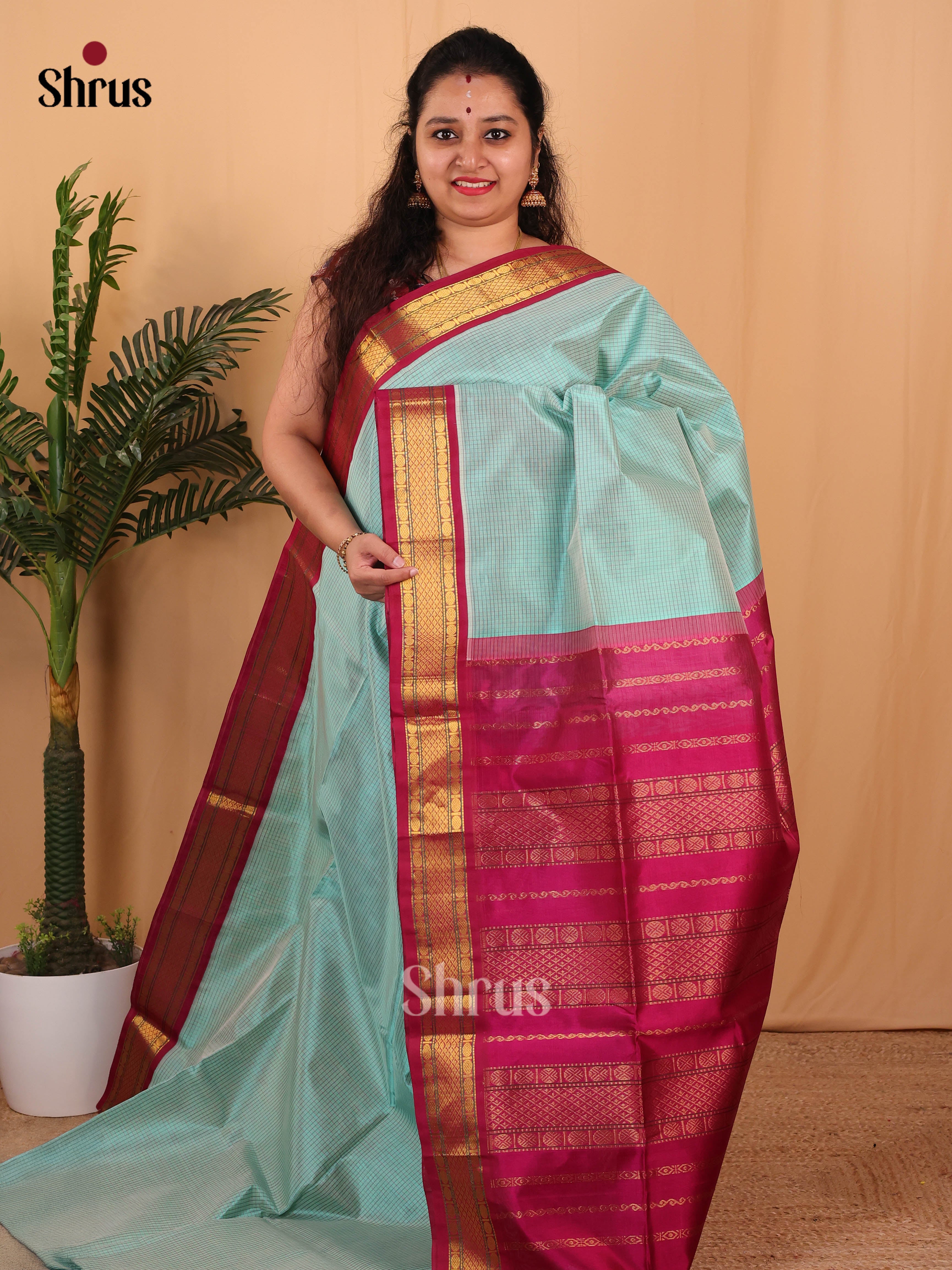 Blue & Maroon - Silk Cotton Saree - Shop on Shrus.com