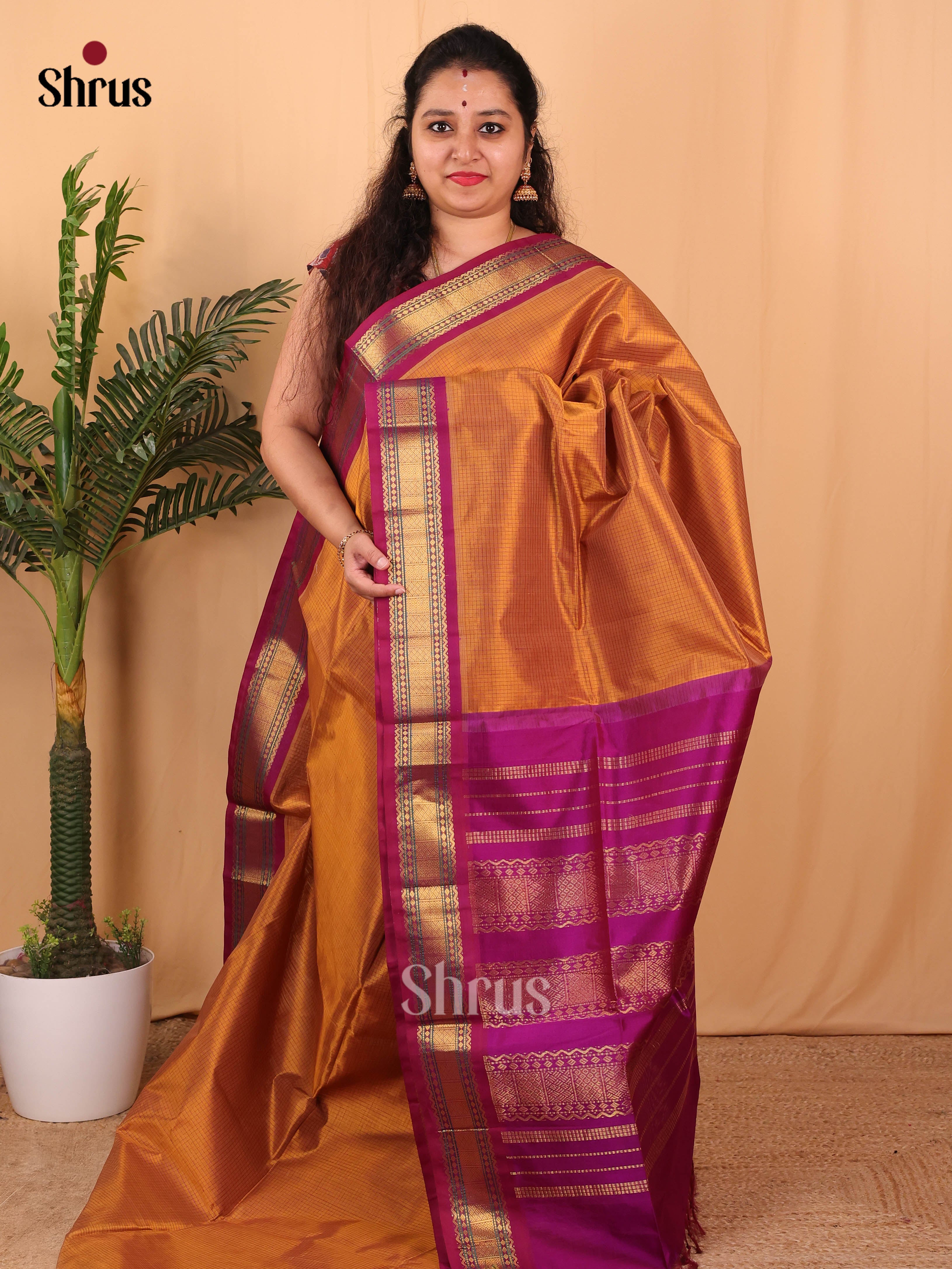 Dark Mustard & Purple - Silk Cotton Saree - Shop on Shrus.com