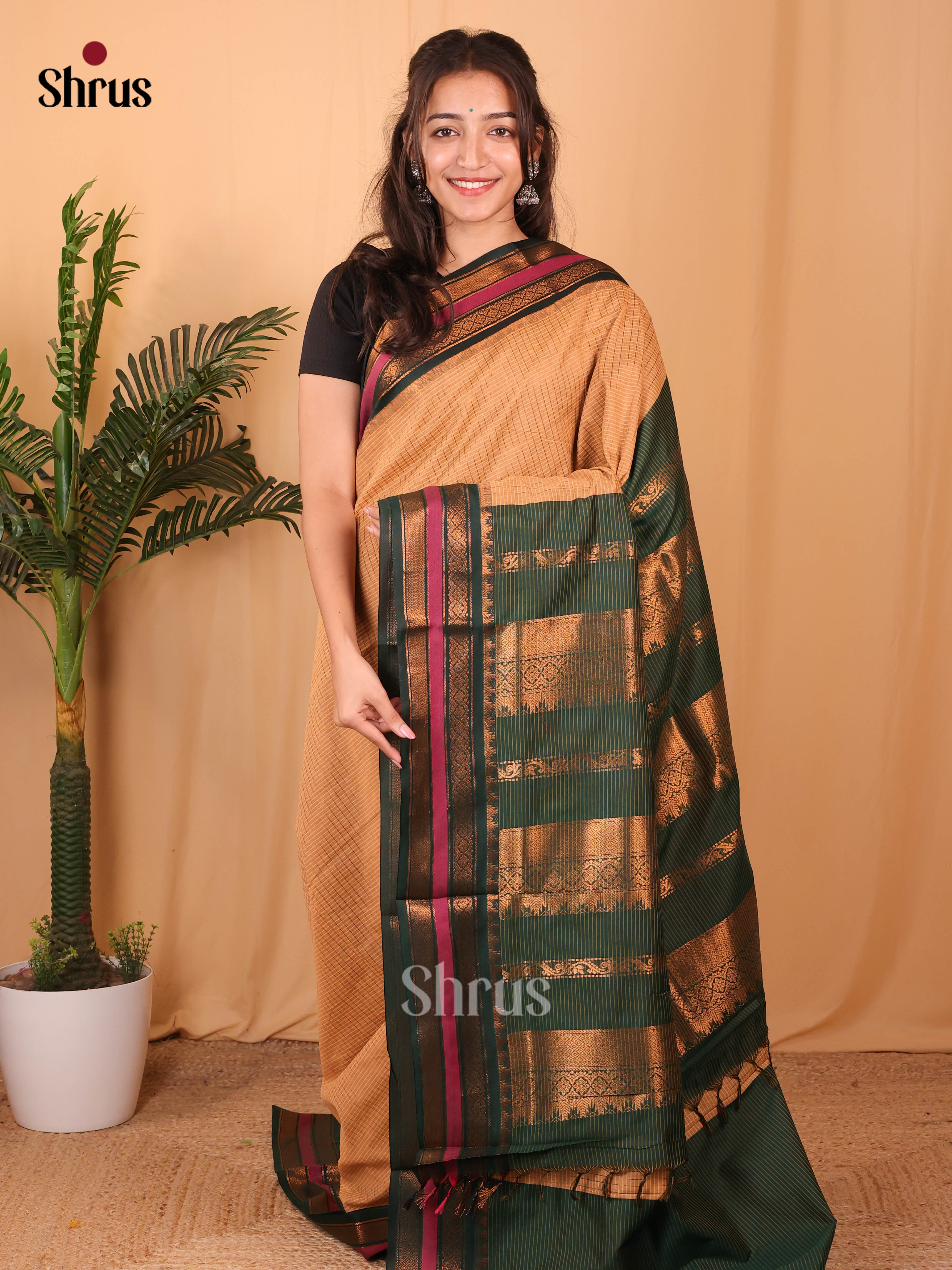 Lite Brown & Green - Kalyani Cotton Saree - Shop on Shrus.com