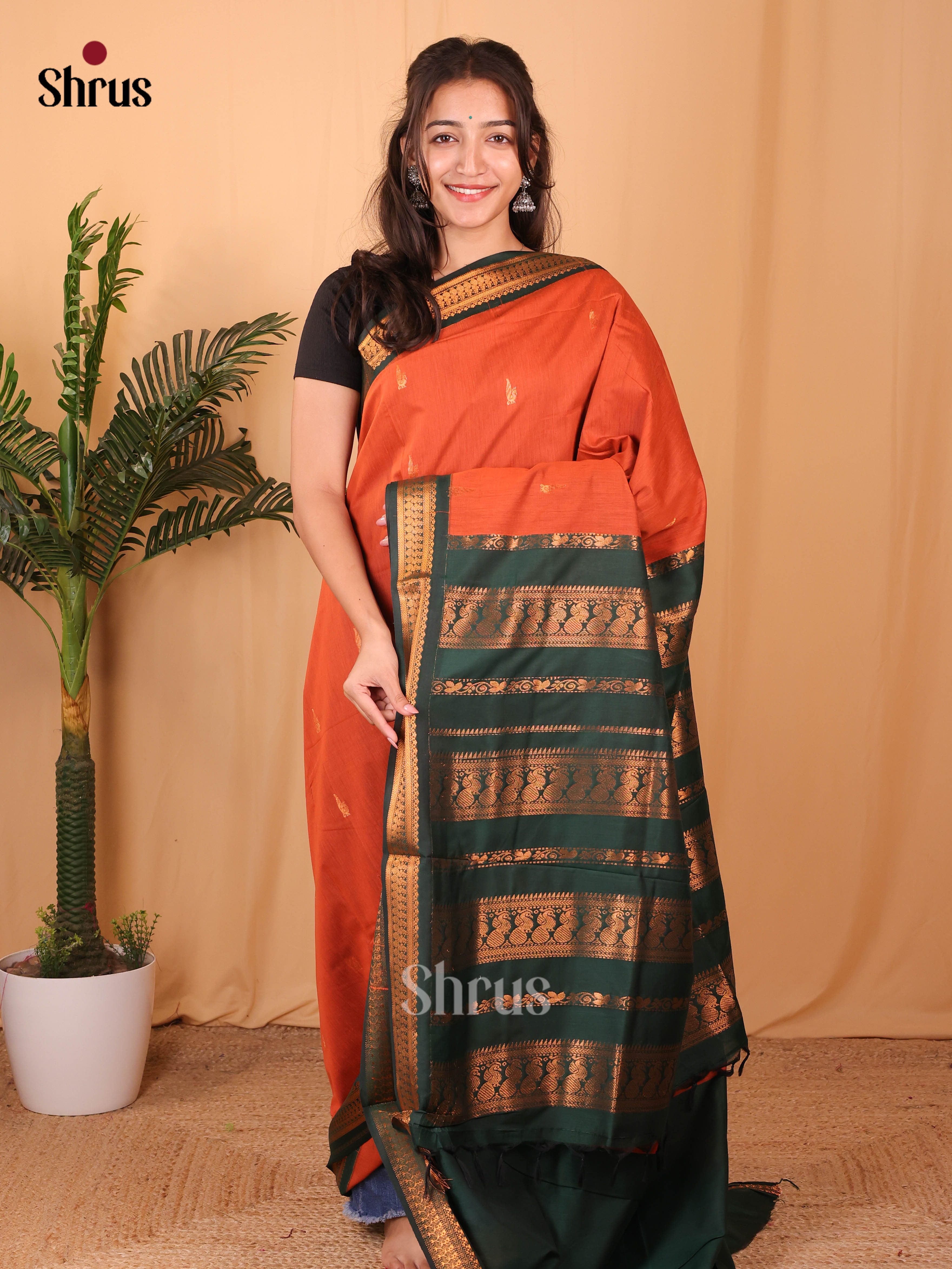 Orange & Green - Kalyani Cotton Saree - Shop on Shrus.com
