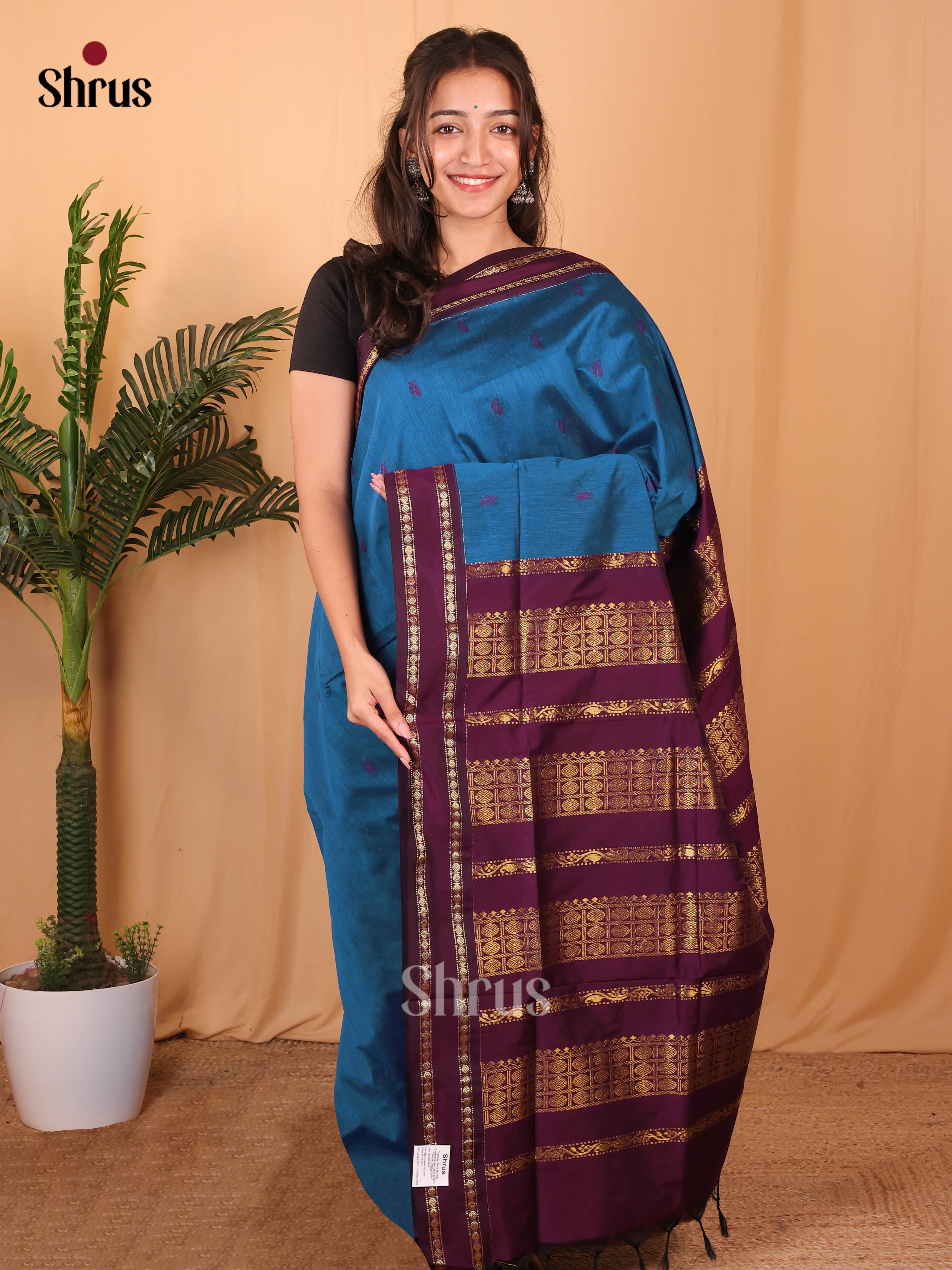 Blue & Violet- Kalyani Cotton Saree - Shop on Shrus.com