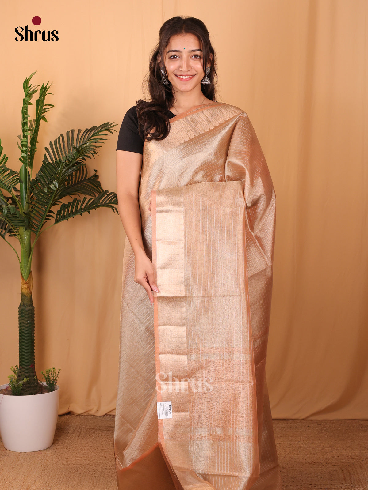 Peach - Semi Tissue Saree - Shop on Shrus.com