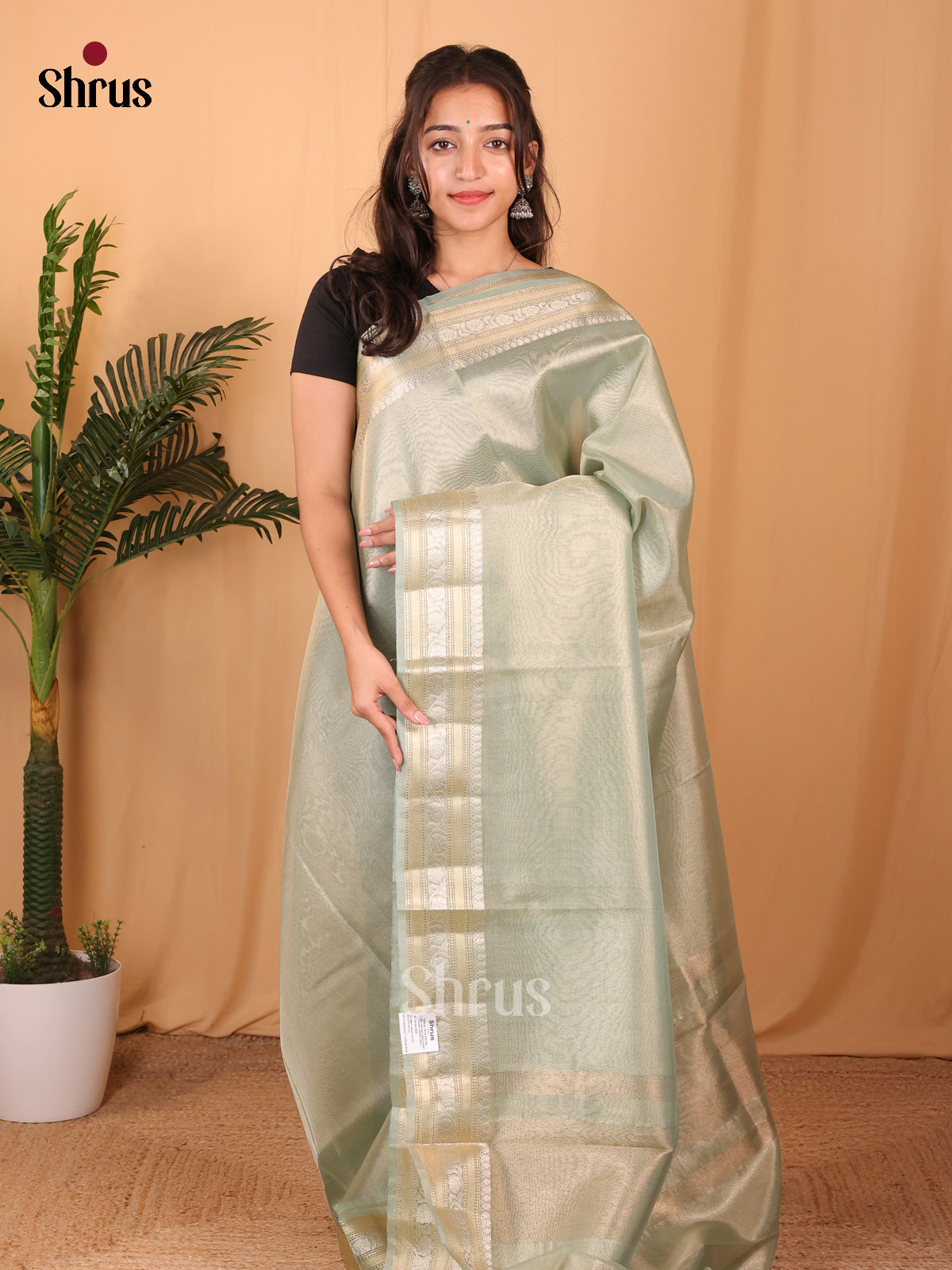 Green - Semi Tissue Saree - Shop on Shrus.com