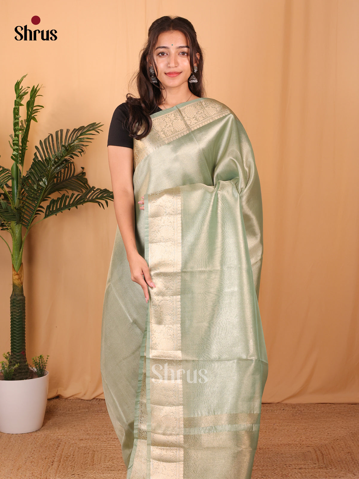 Green - Semi Tissue Saree - Shop on Shrus.com