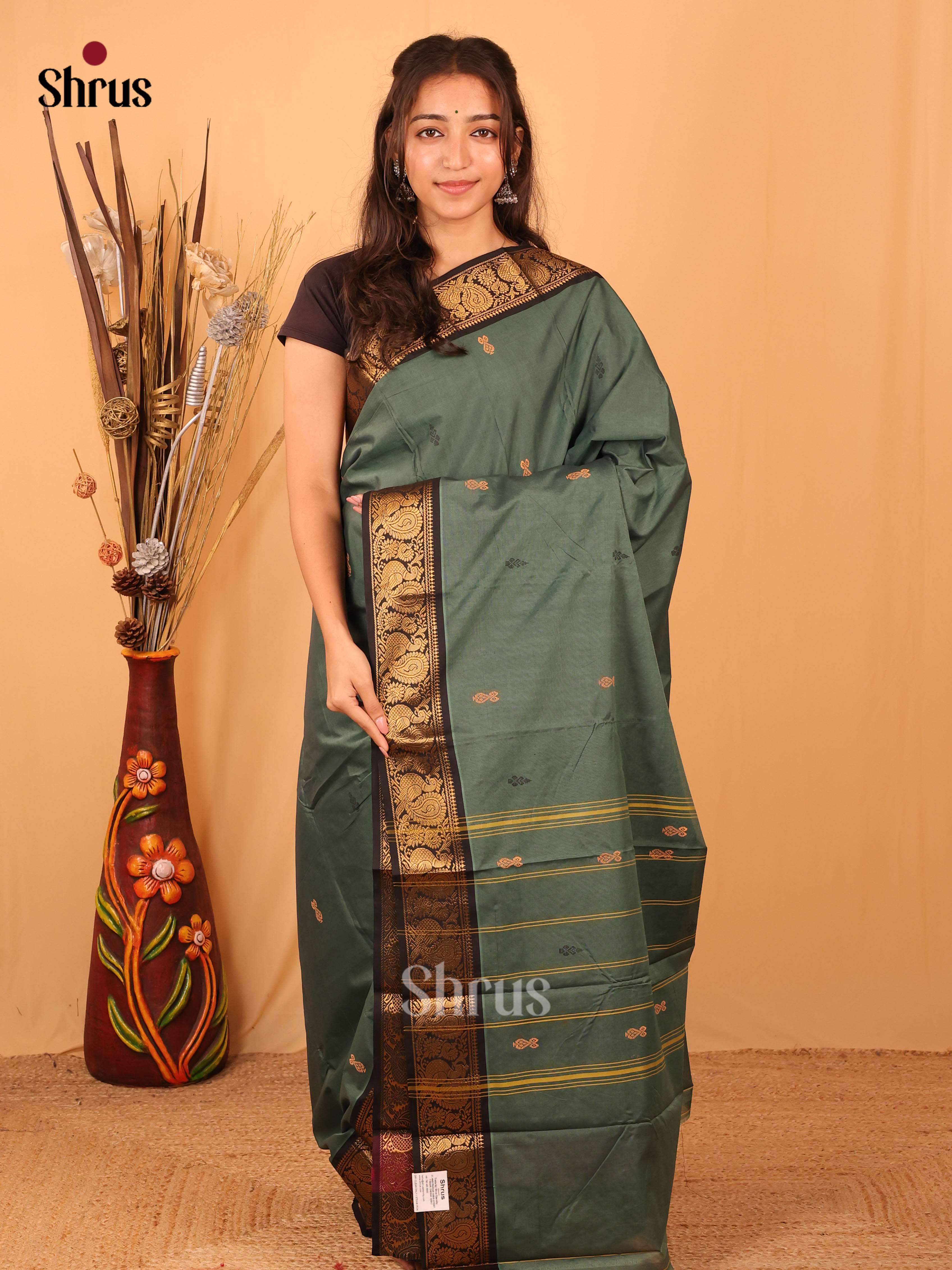 Grey Green & Black - Chettinad Mix Cotton Saree - Shop on Shrus.com
