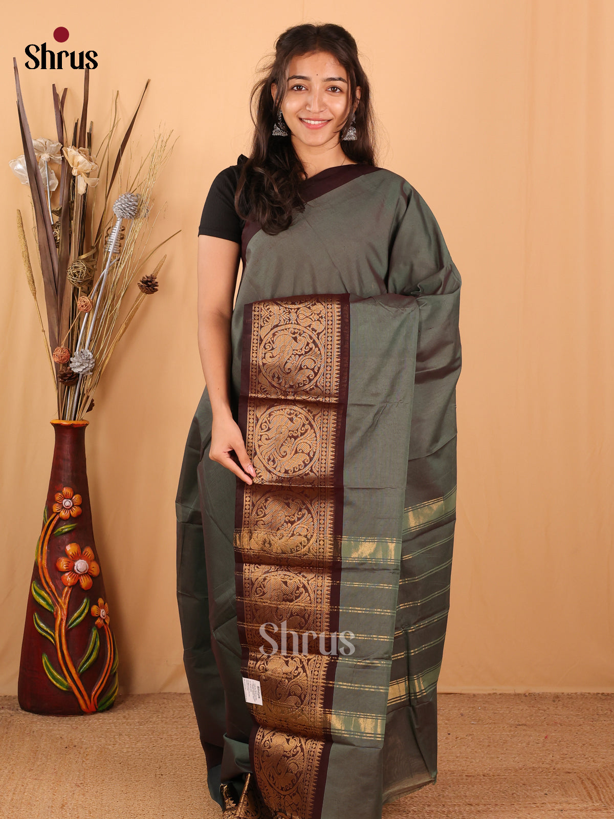 Double Shaded Greyish Green & Brown - Chettinad Mix Cotton Saree - Shop on Shrus.com