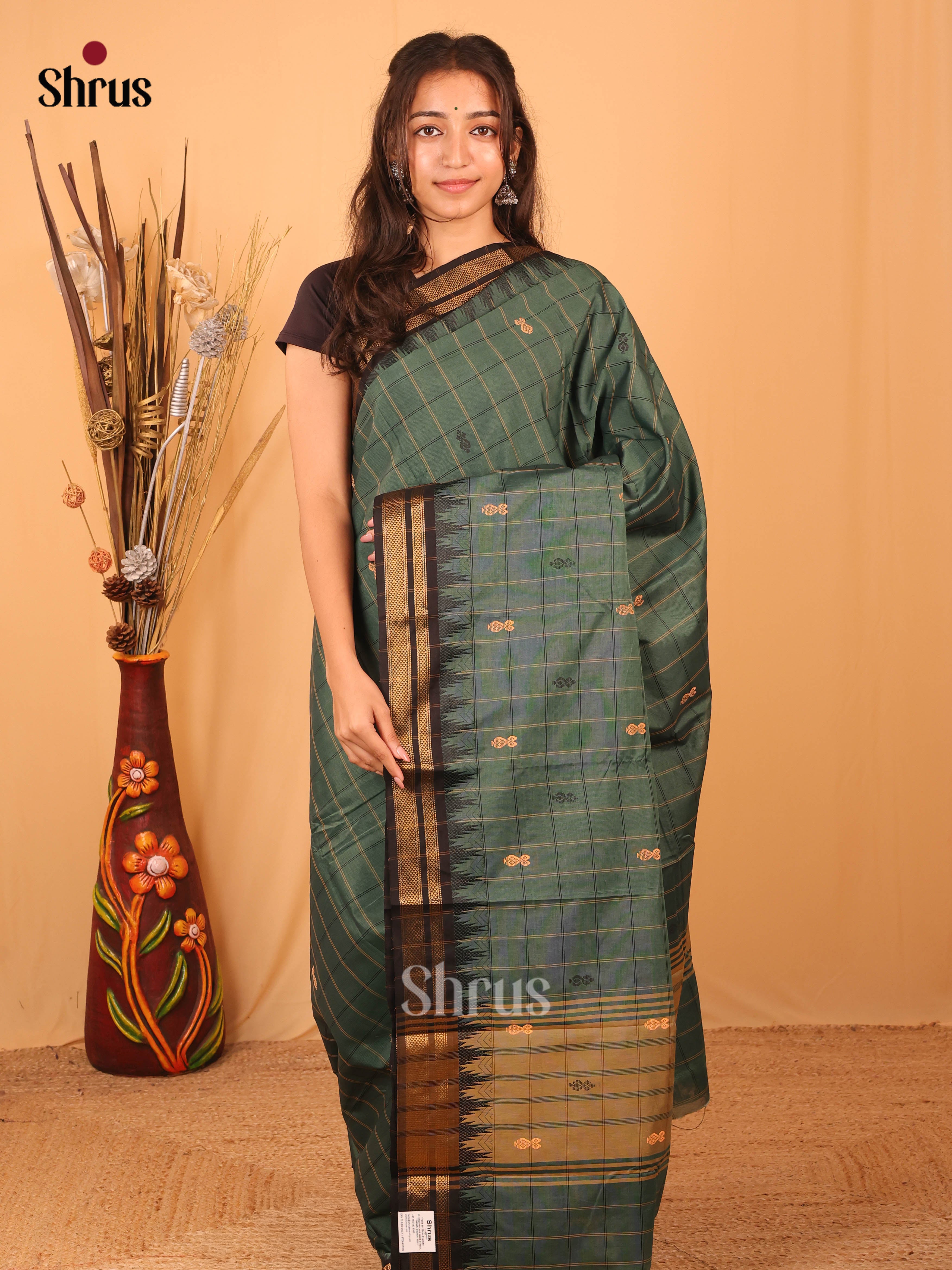 Grey Green & Black - Chettinad Mix Cotton Saree - Shop on Shrus.com