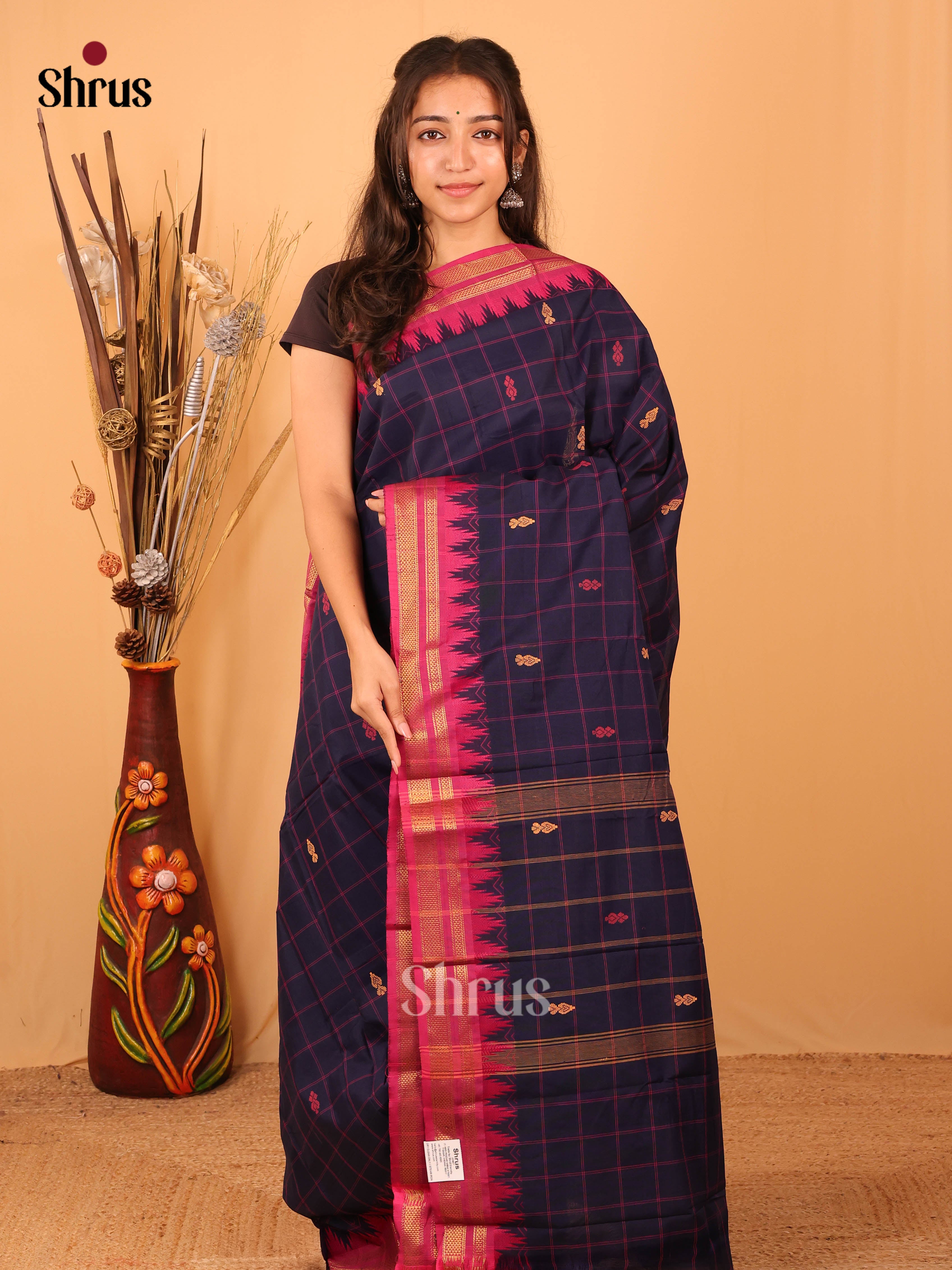 Blue & Pink - Chettinad Mix Cotton Saree - Shop on Shrus.com
