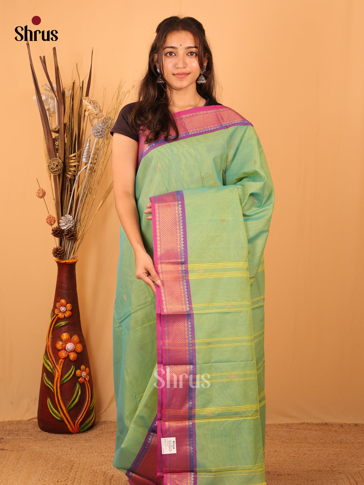 Pastel Green & Pink - Chettinad Mix Cotton Saree - Shop on Shrus.com