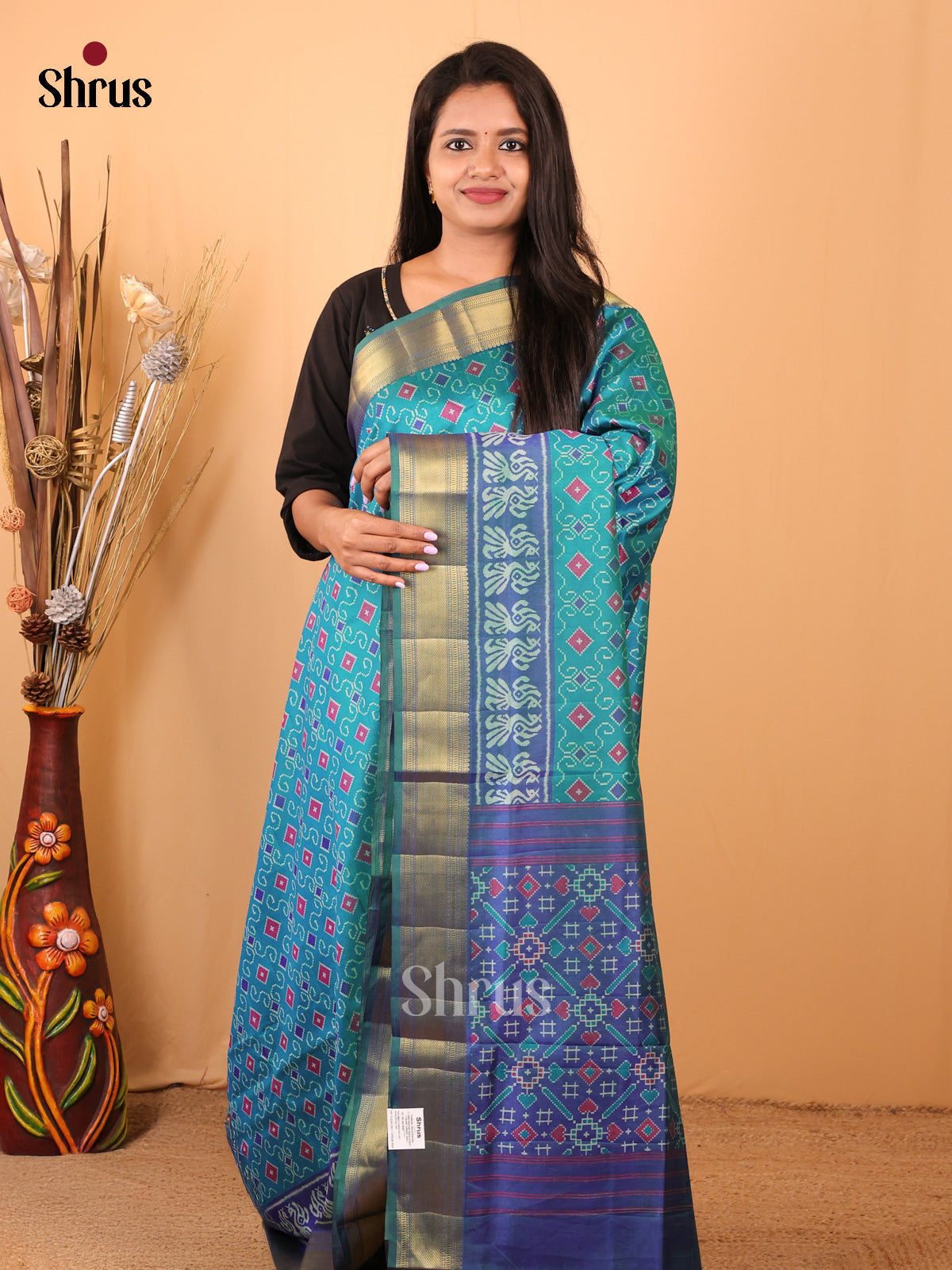 Teal Green & Blue - Semi Patola Saree - Shop on Shrus.com
