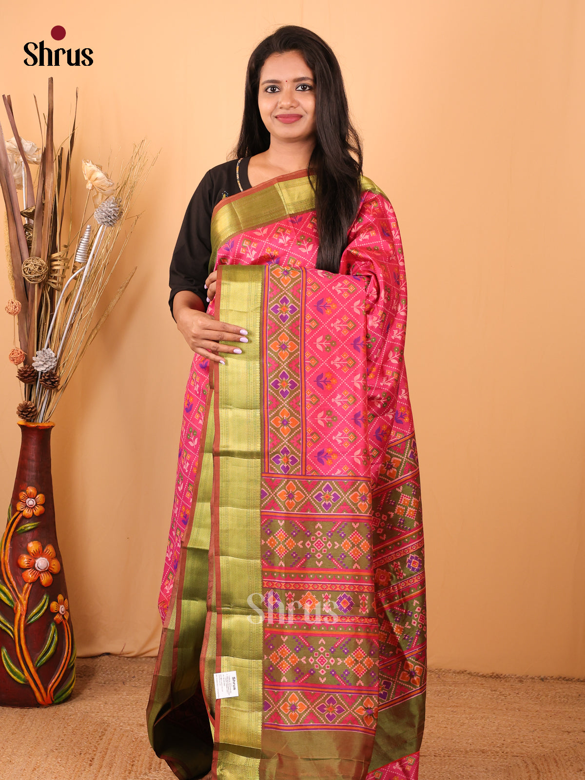 Pink & Army Green - Semi Patola Saree - Shop on Shrus.com