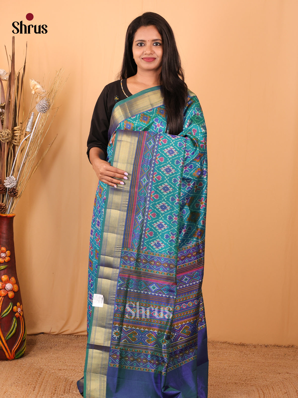 Teal Green Blue - Semi Patola Saree - Shop on Shrus.com