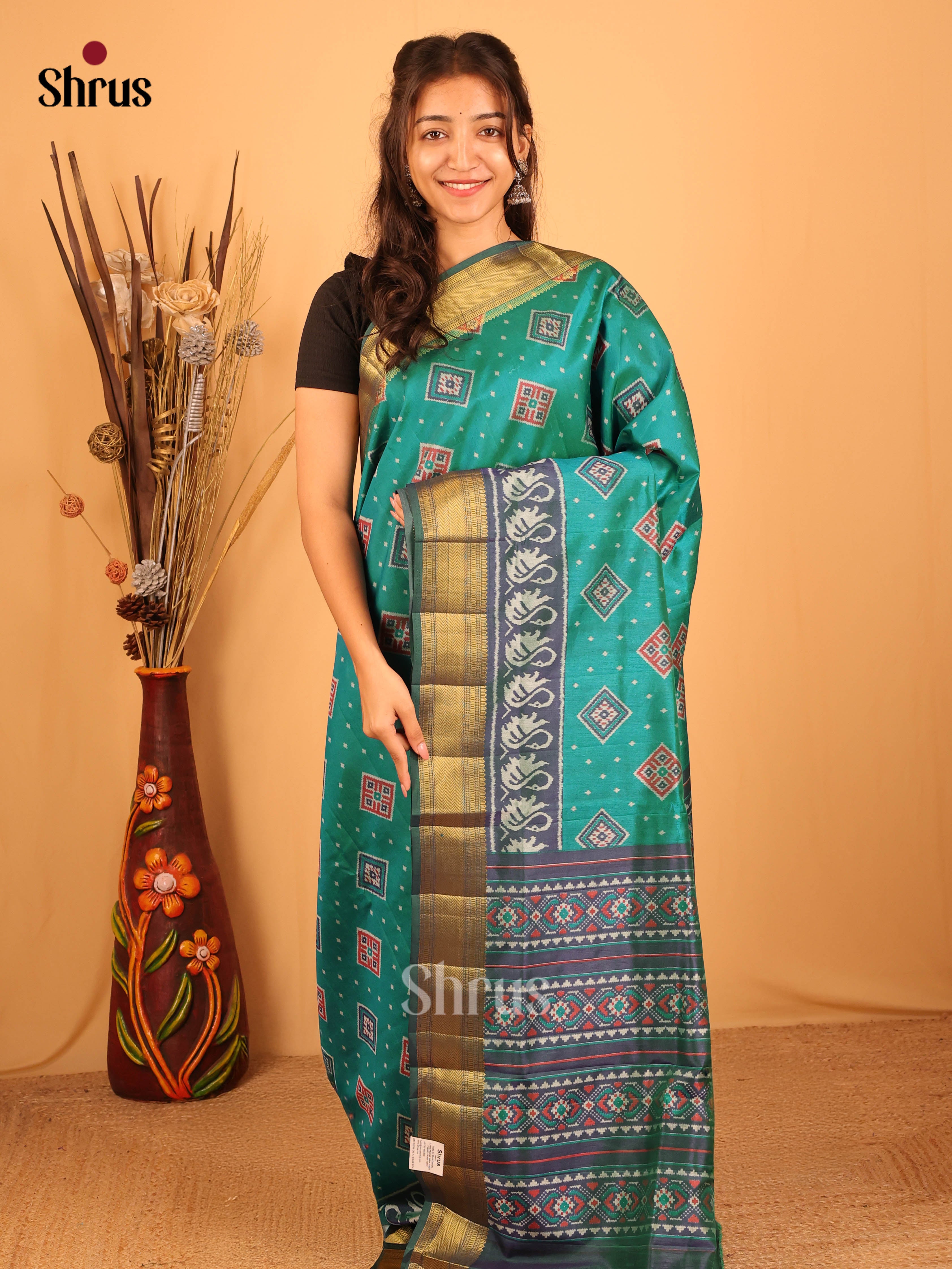 Teal Green - Semi Patola Saree - Shop on Shrus.com