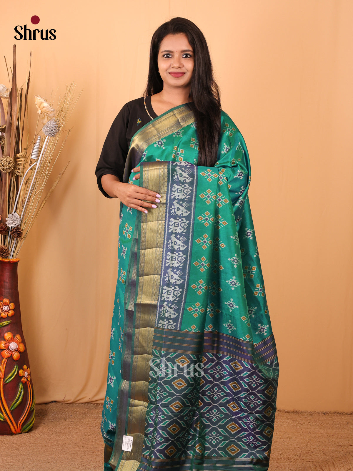 Green & Blue - Semi Patola Saree - Shop on Shrus.com