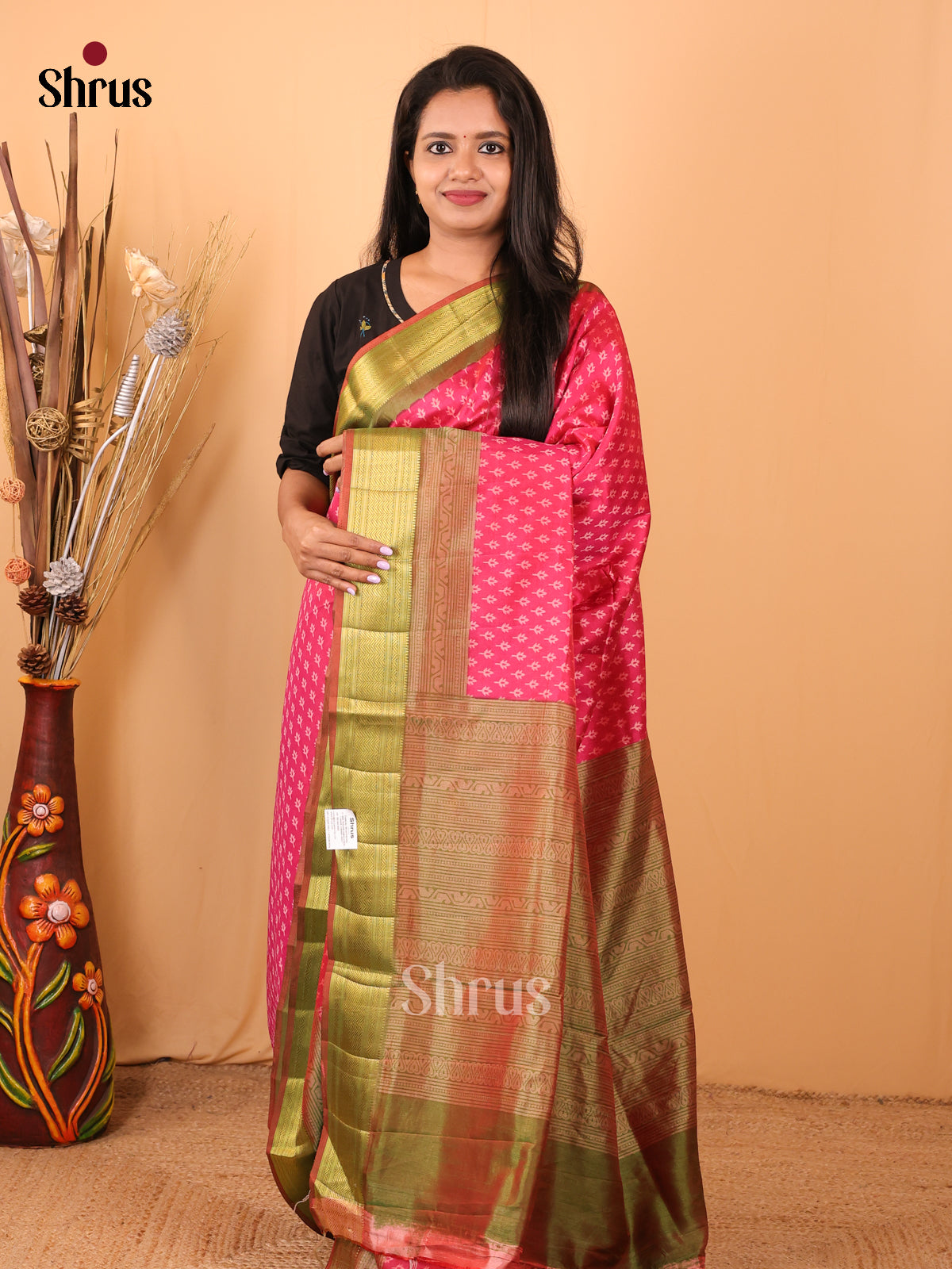 Pink & Green- Semi Patola Saree - Shop on Shrus.com