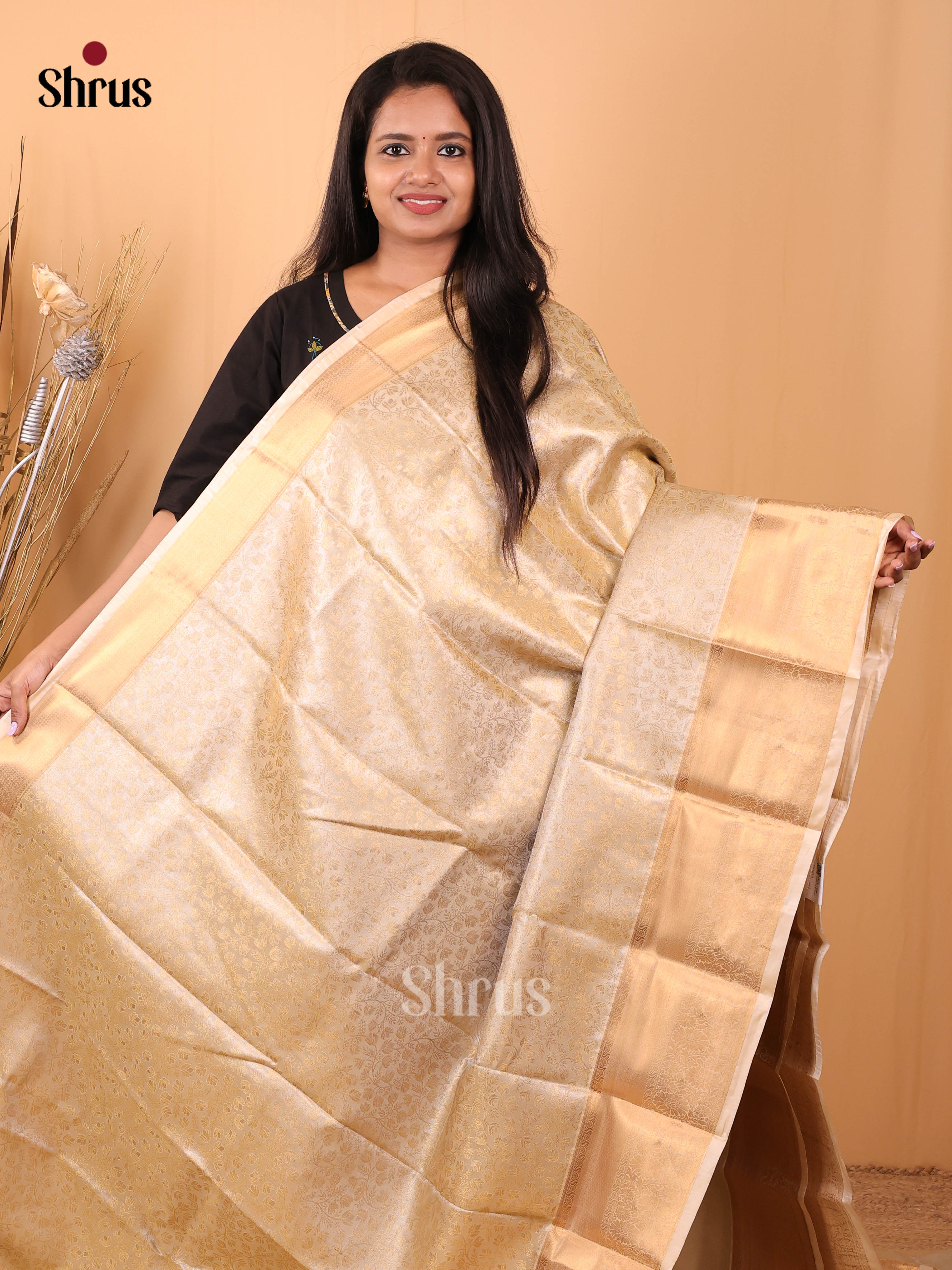 Cream- Kanchipuram-halfpure Saree - Shop on Shrus.com