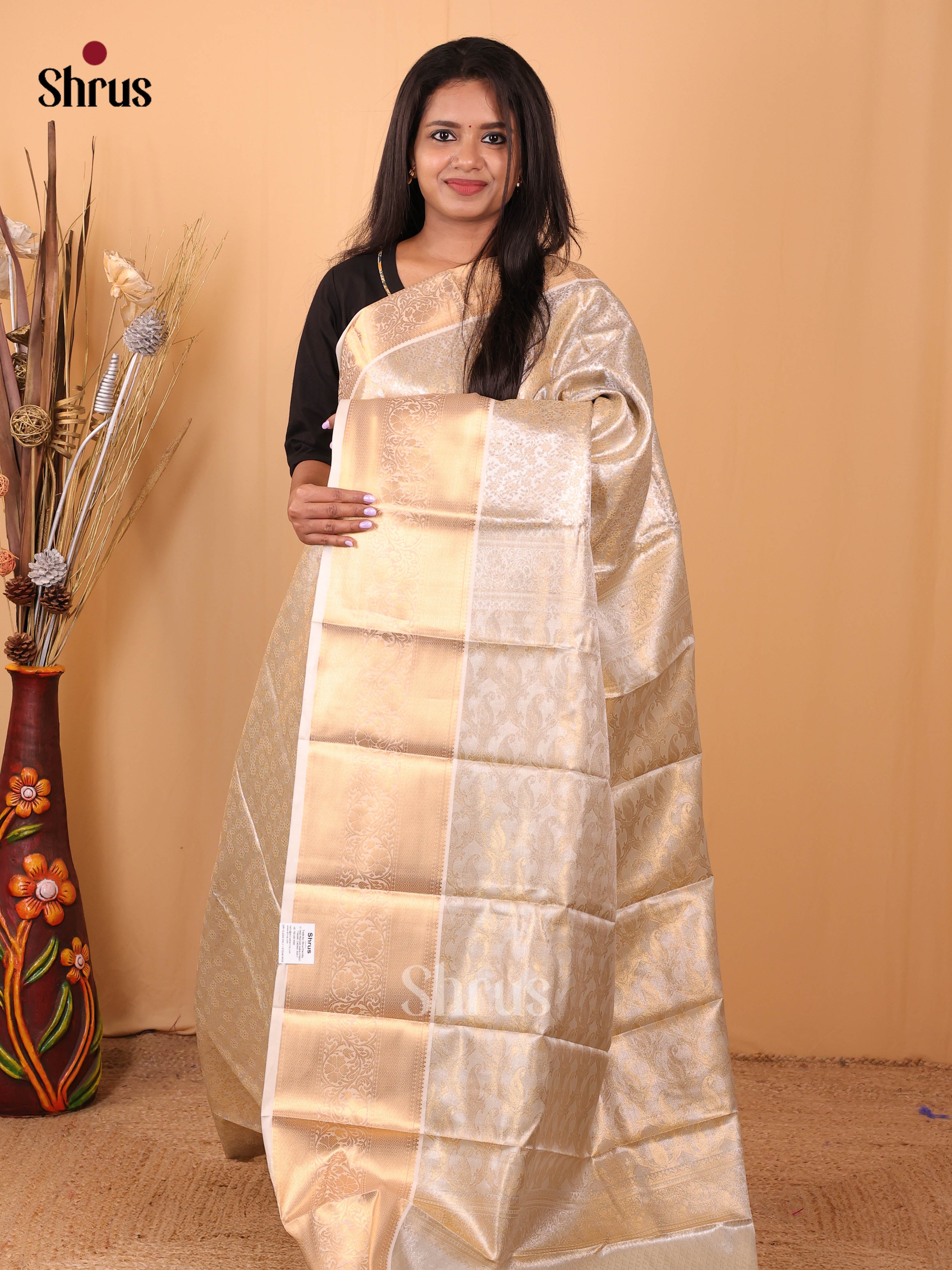 Cream - Kanchipuram-halfpure Saree - Shop on Shrus.com