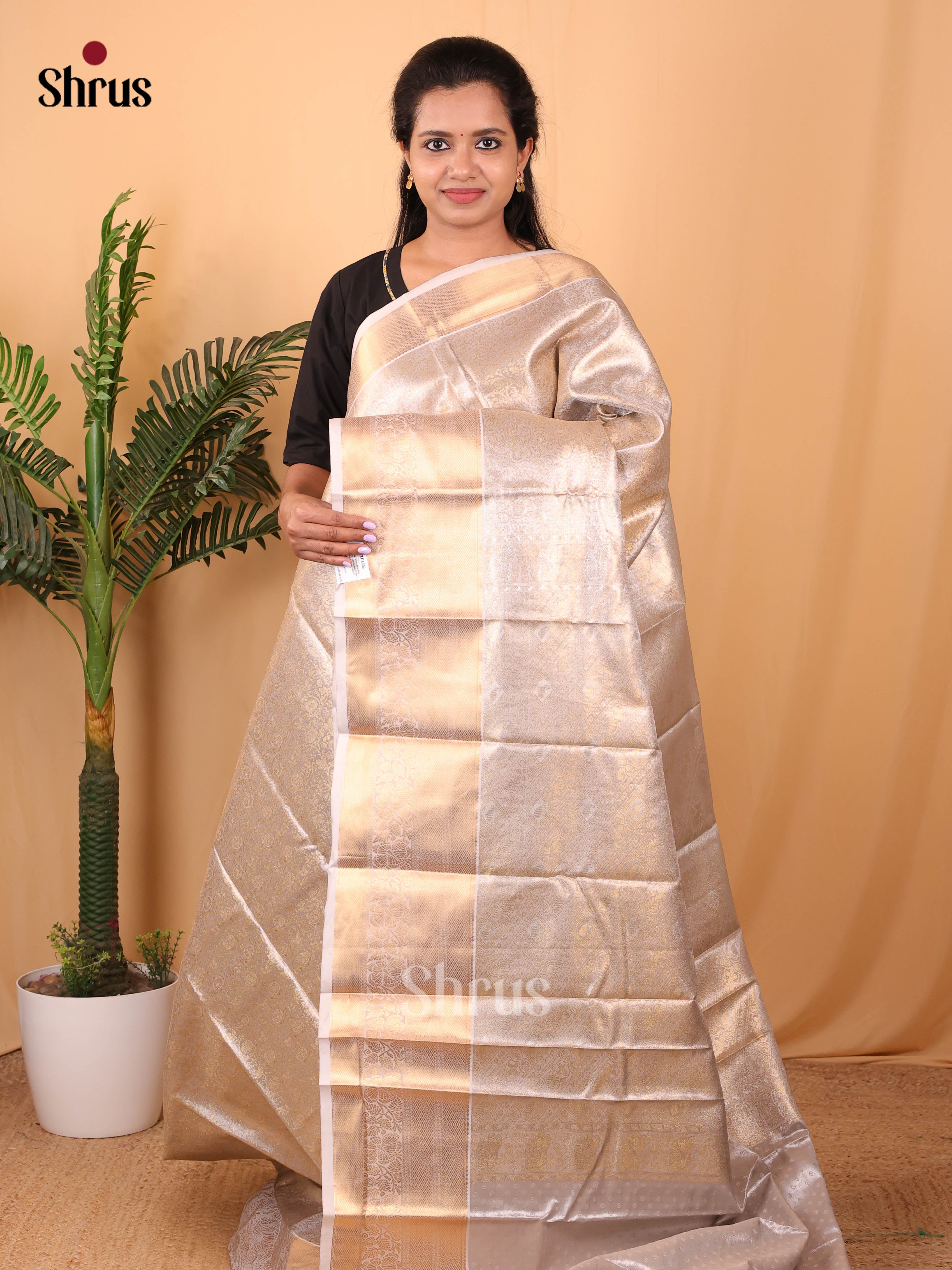 Cream - Kanchipuram-halfpure Saree - Shop on Shrus.com
