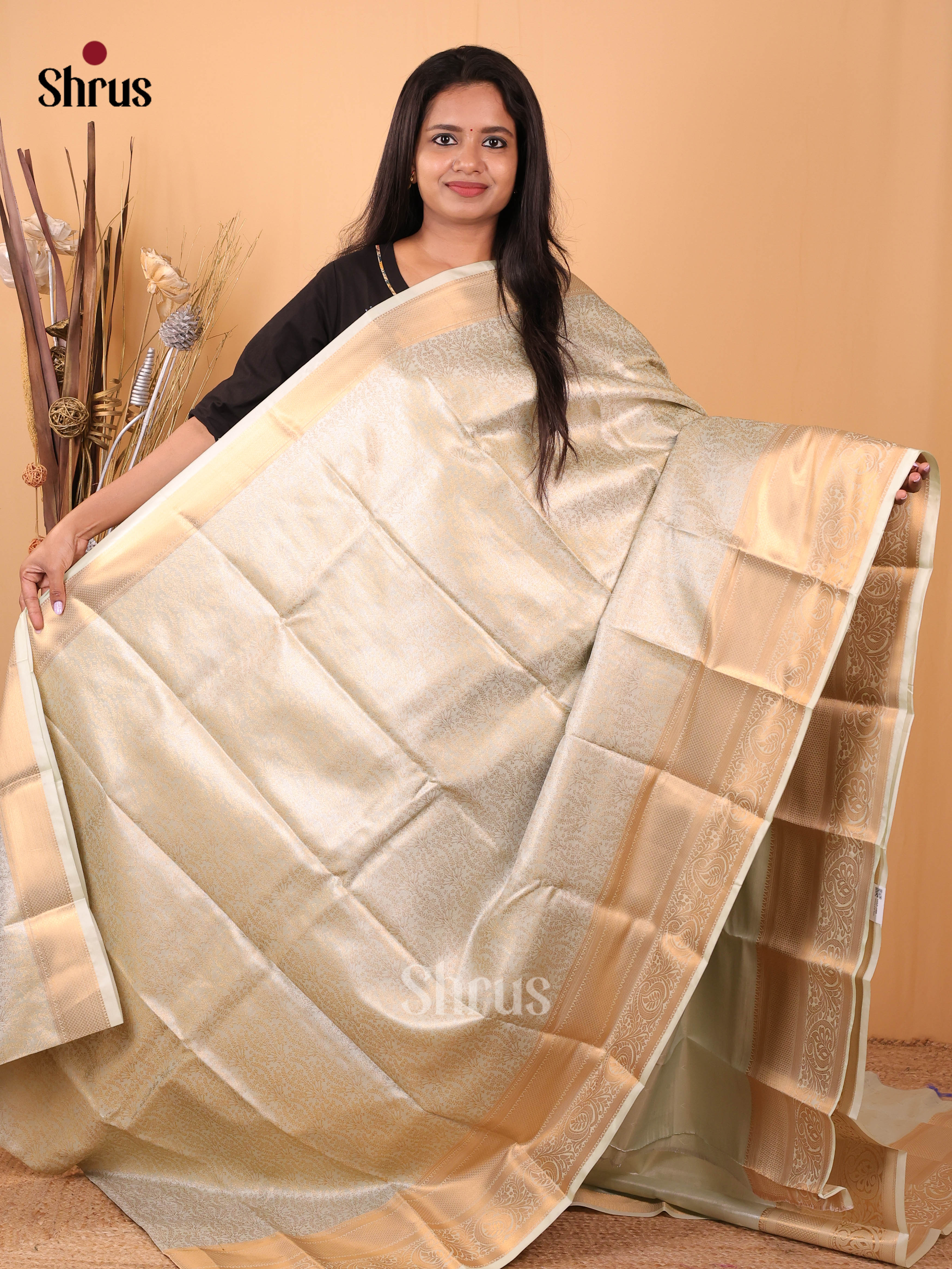 Cream - Kanchipuram-halfpure Saree - Shop on Shrus.com