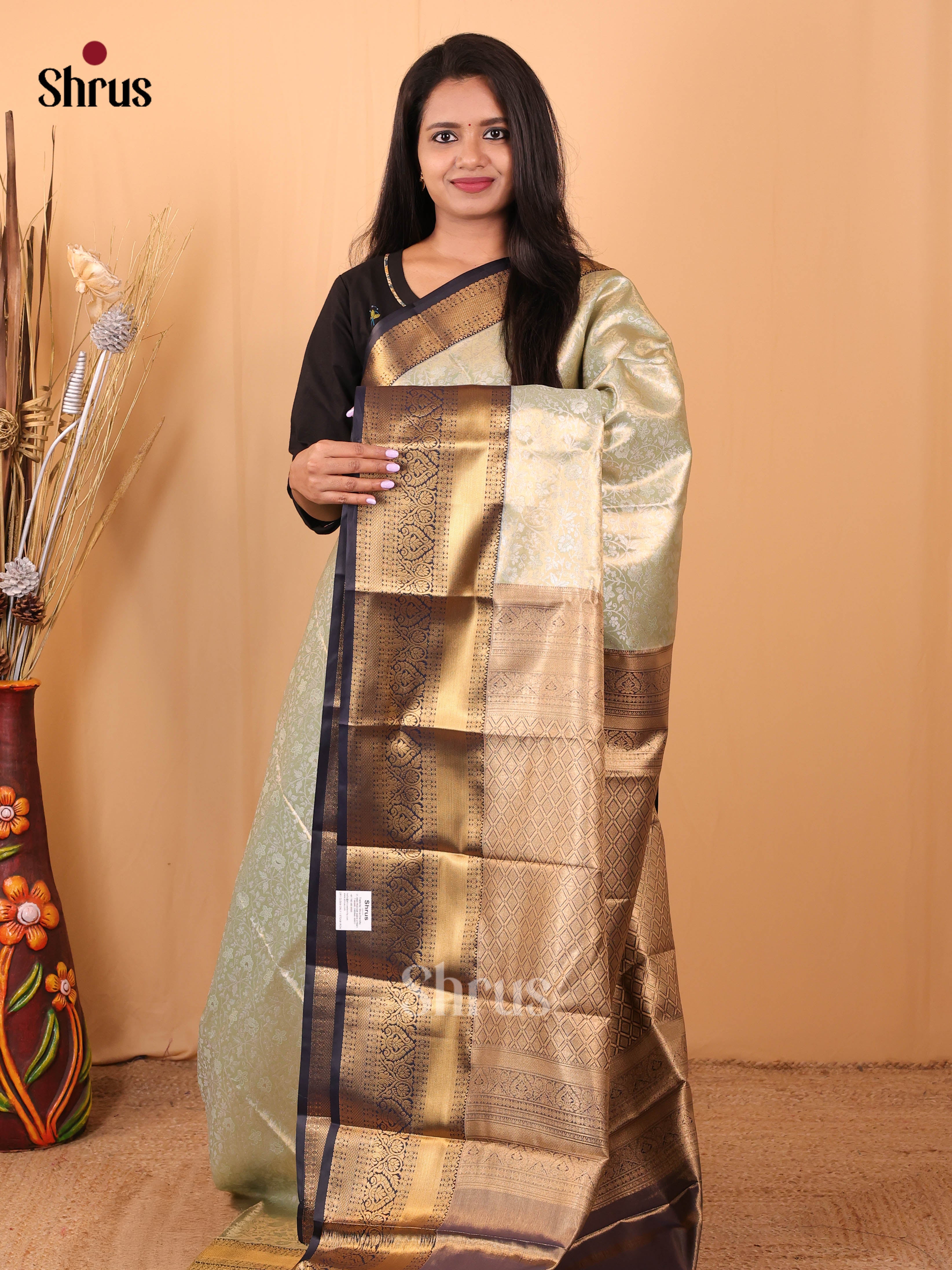 Lite Green & Blue - Kanchipuram-halfpure Saree - Shop on Shrus.com