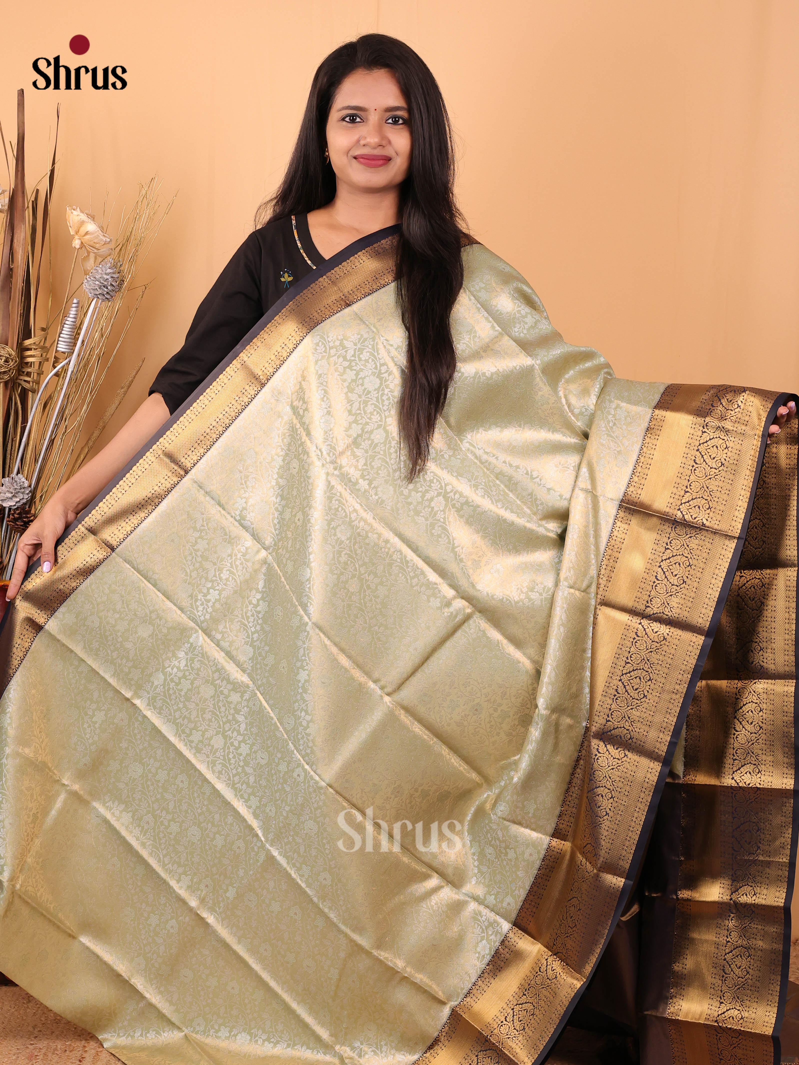 Lite Green & Blue - Kanchipuram-halfpure Saree - Shop on Shrus.com