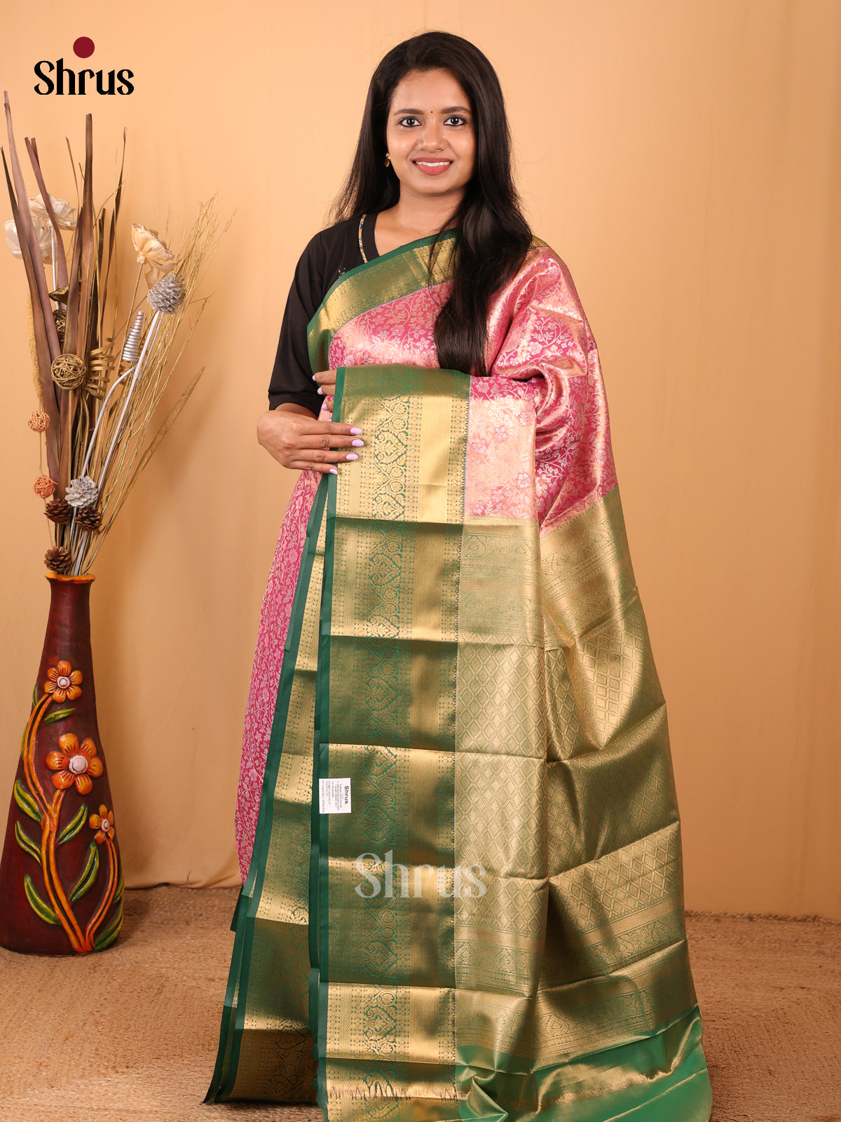 Pink & Green - Kanchipuram-halfpure Saree - Shop on Shrus.com