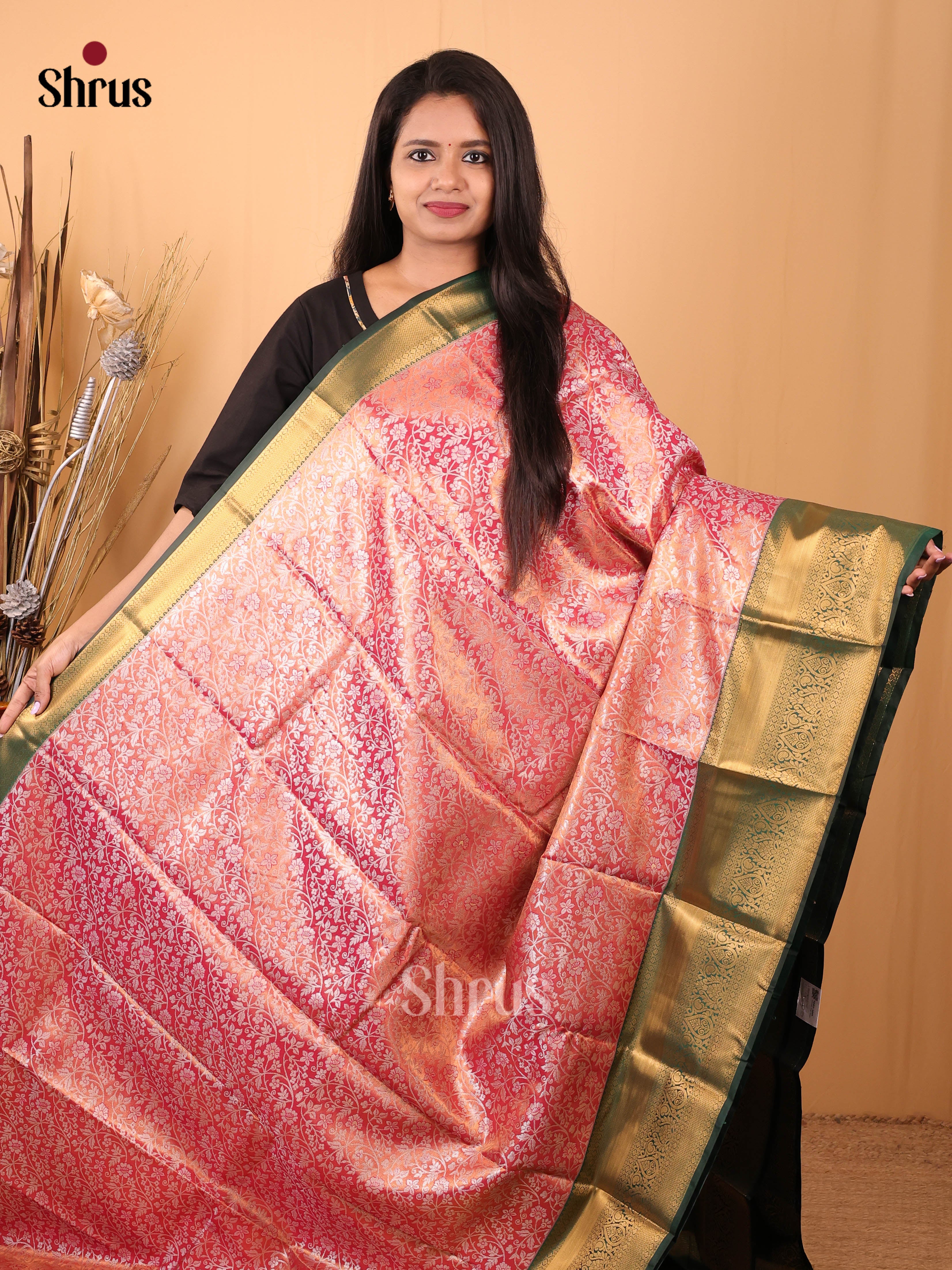 Pink & Green - Kanchipuram-halfpure Saree - Shop on Shrus.com