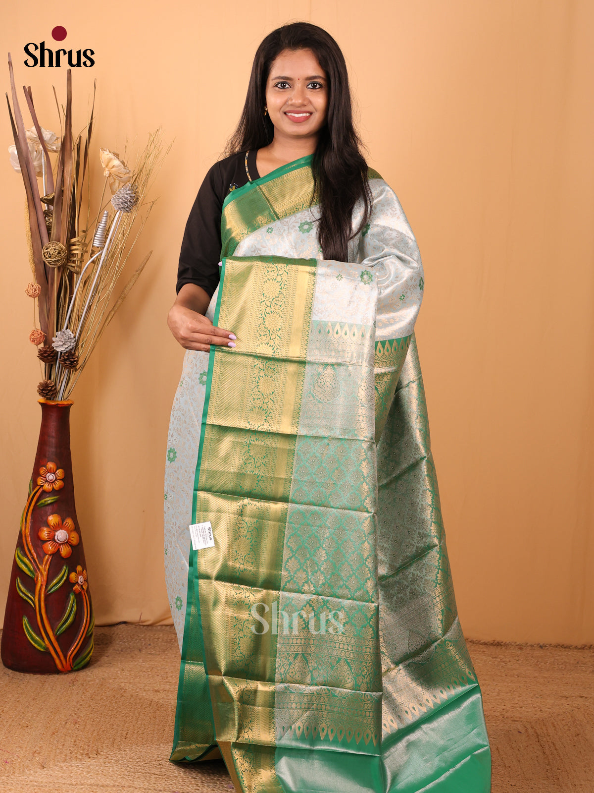 Lite Blue & Green- Kanchipuram-halfpure Saree - Shop on Shrus.com