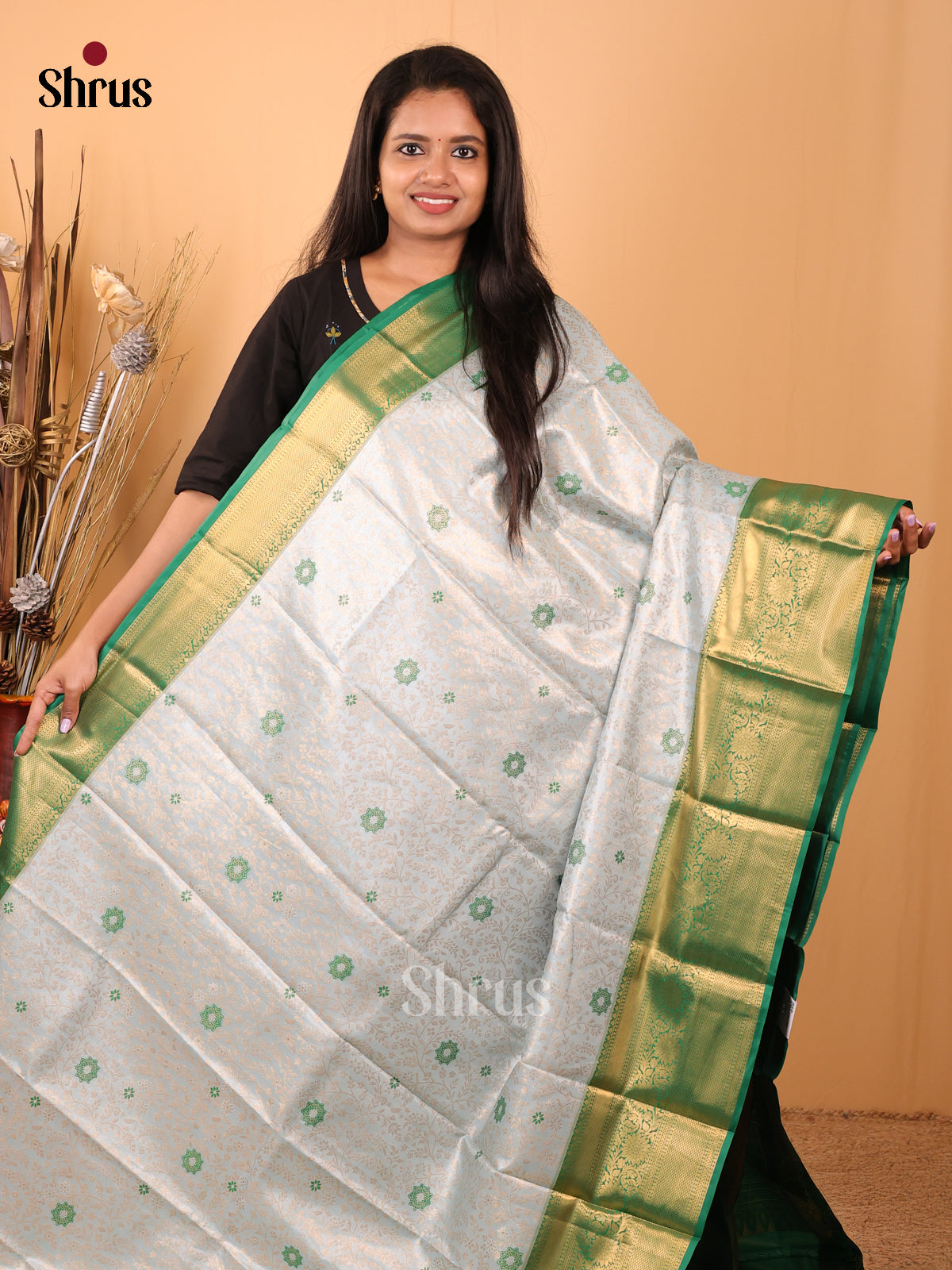 Lite Blue & Green- Kanchipuram-halfpure Saree - Shop on Shrus.com