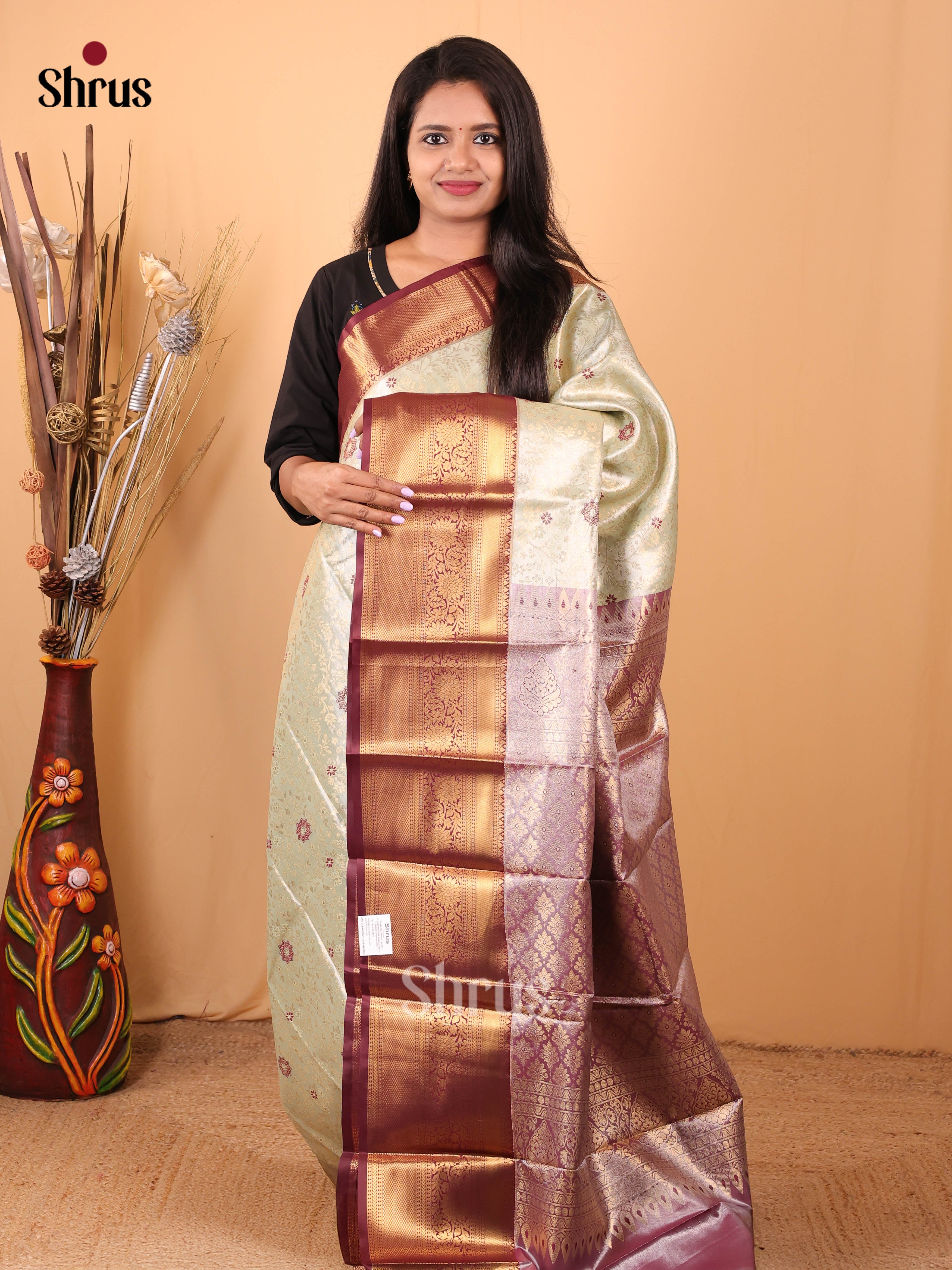 Cream & Brown - Kanchipuram-halfpure Saree - Shop on Shrus.com