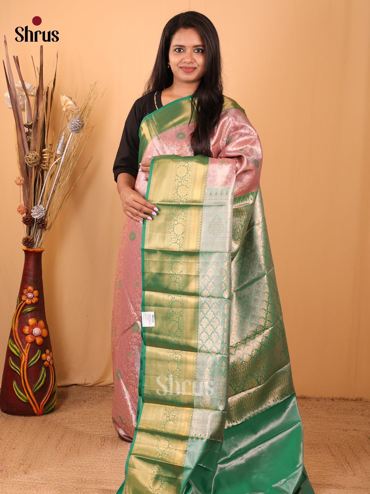 Pink & Green - Kanchipuram-halfpure Saree - Shop on Shrus.com