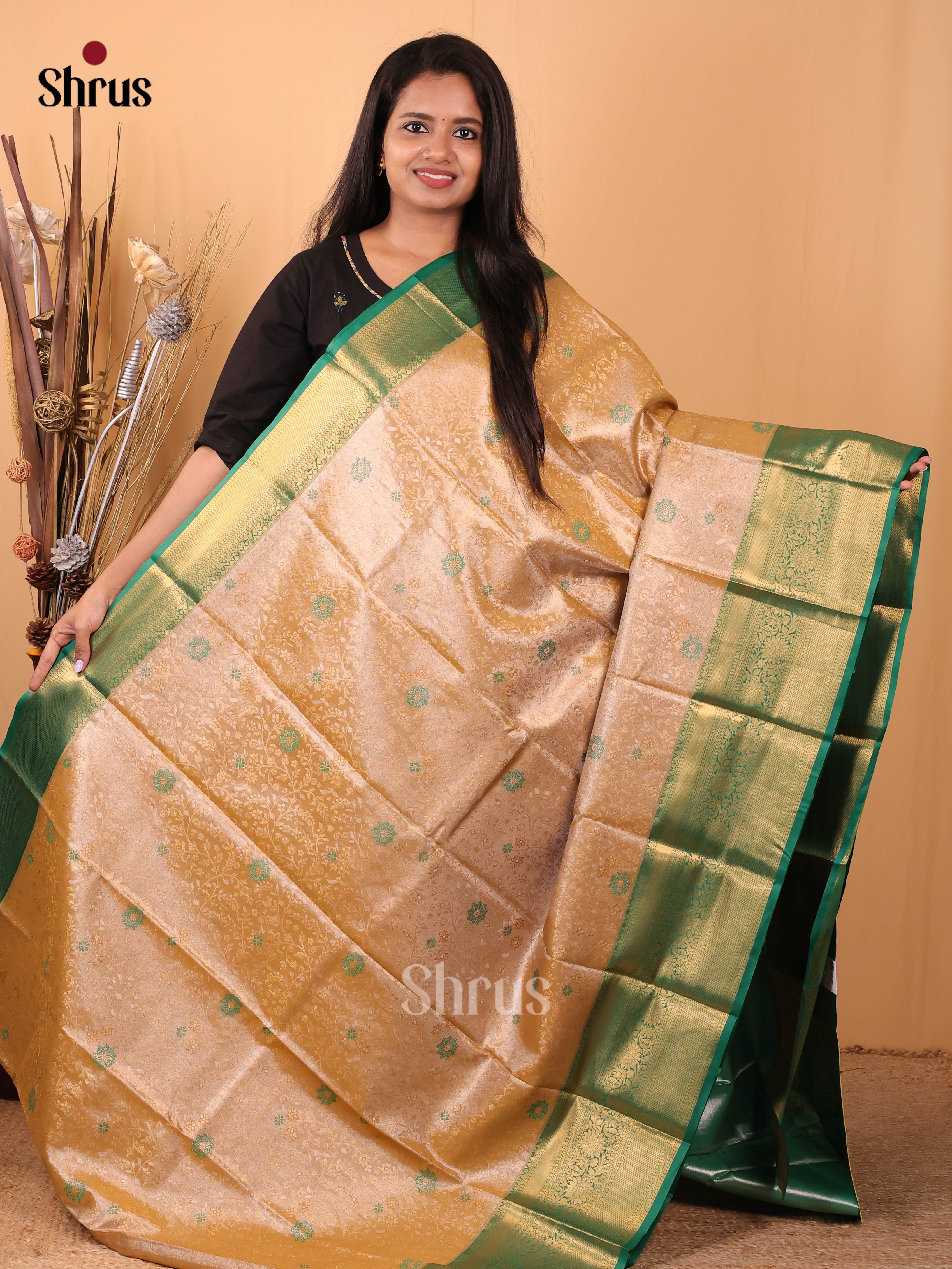 Lite Brown & Green - Kanchipuram-halfpure Saree - Shop on Shrus.com