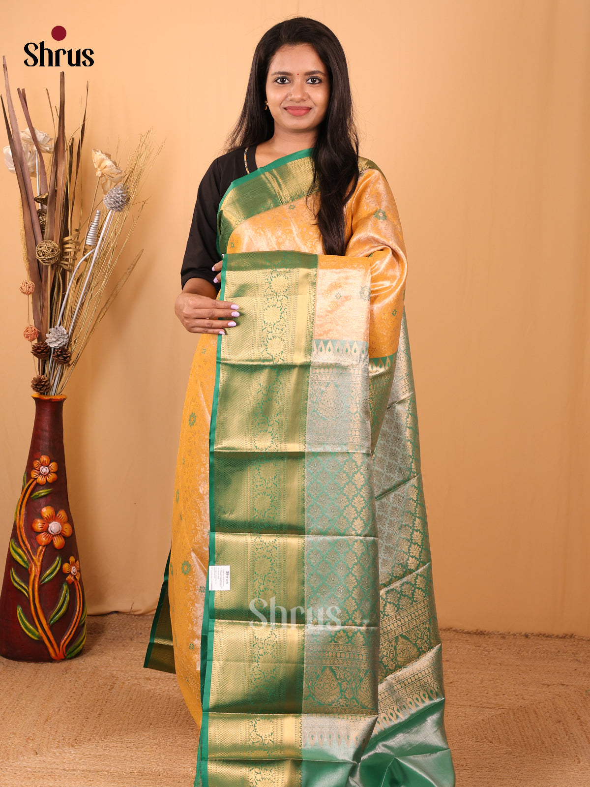 Orange & Green - Kanchipuram-halfpure Saree - Shop on Shrus.com