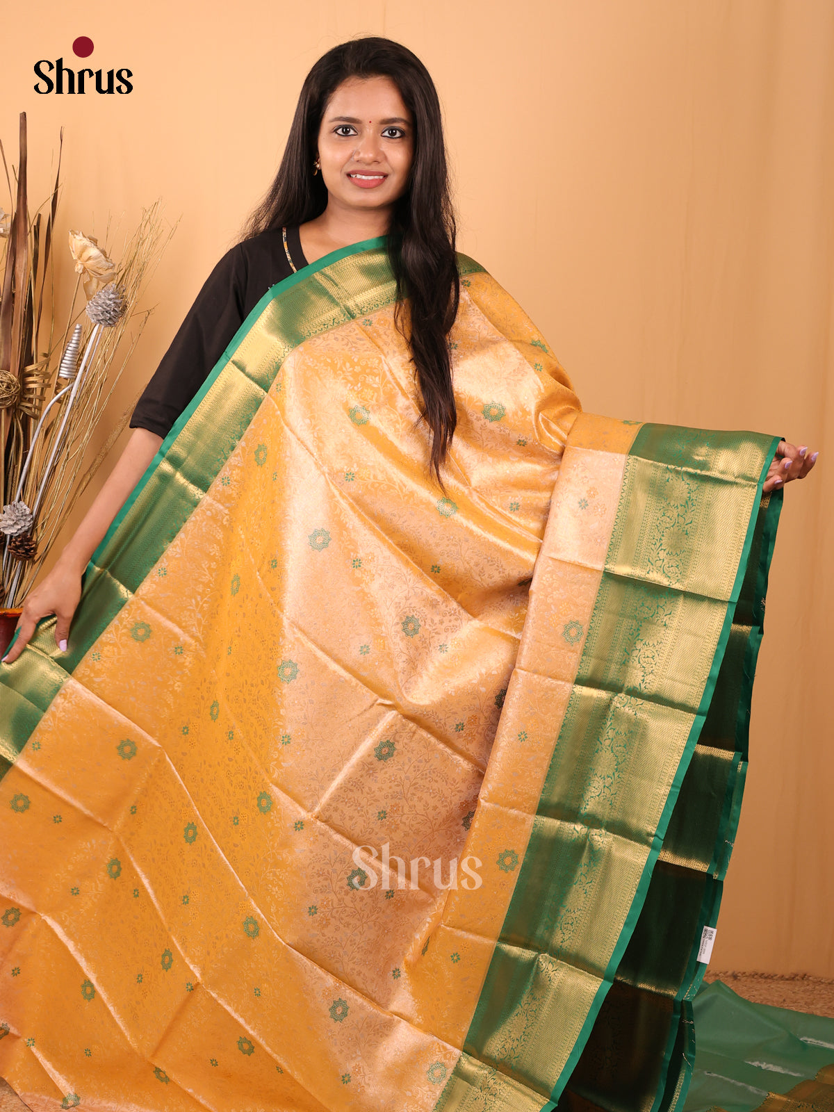 Orange & Green - Kanchipuram-halfpure Saree - Shop on Shrus.com