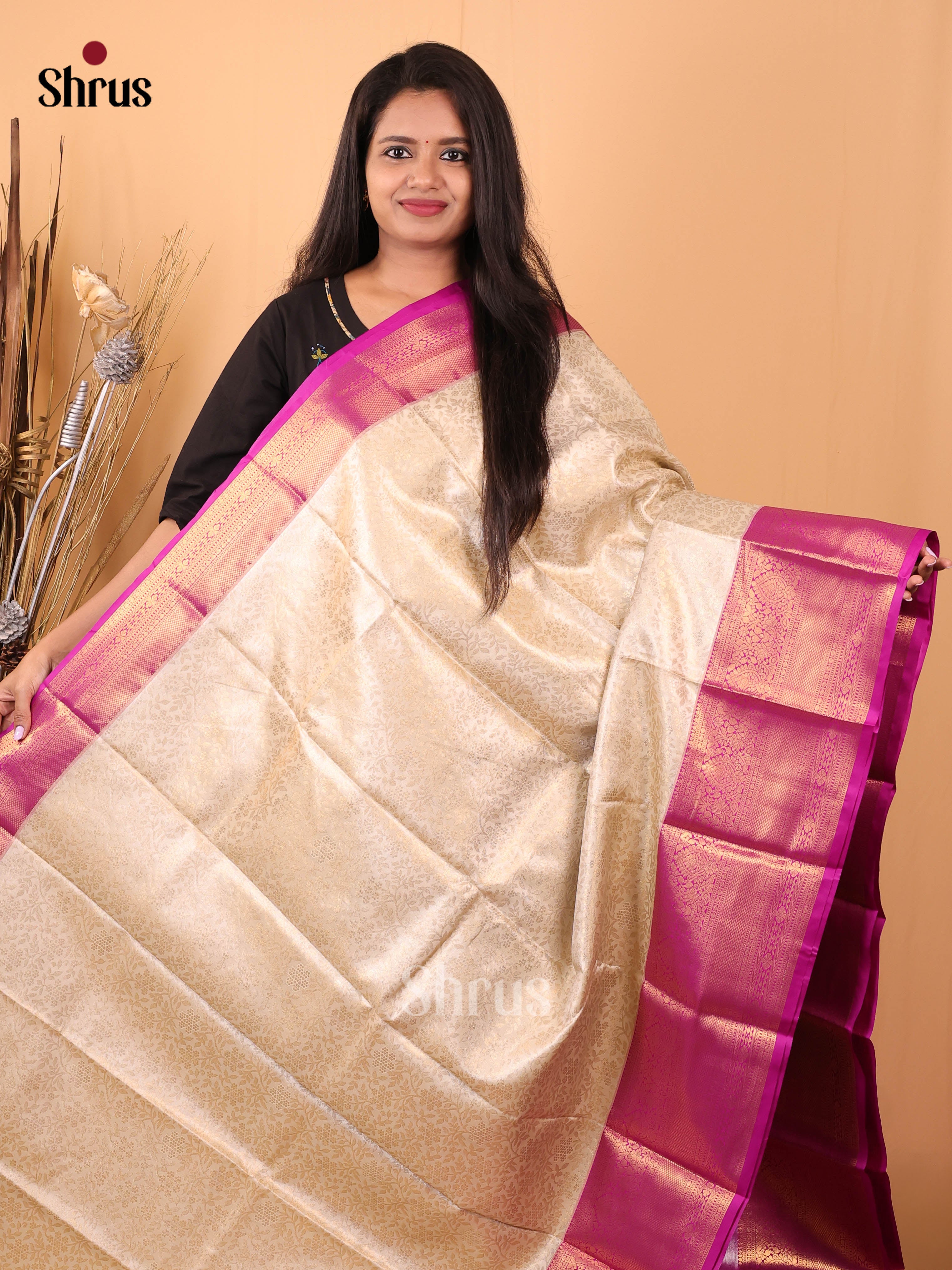Cream & Purple - Kanchipuram-halfpure Saree - Shop on Shrus.com