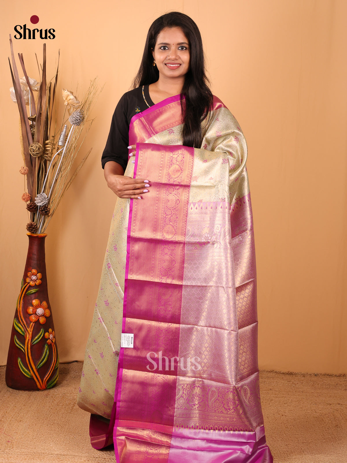Cream & Majenta- Kanchipuram-halfpure Saree - Shop on Shrus.com
