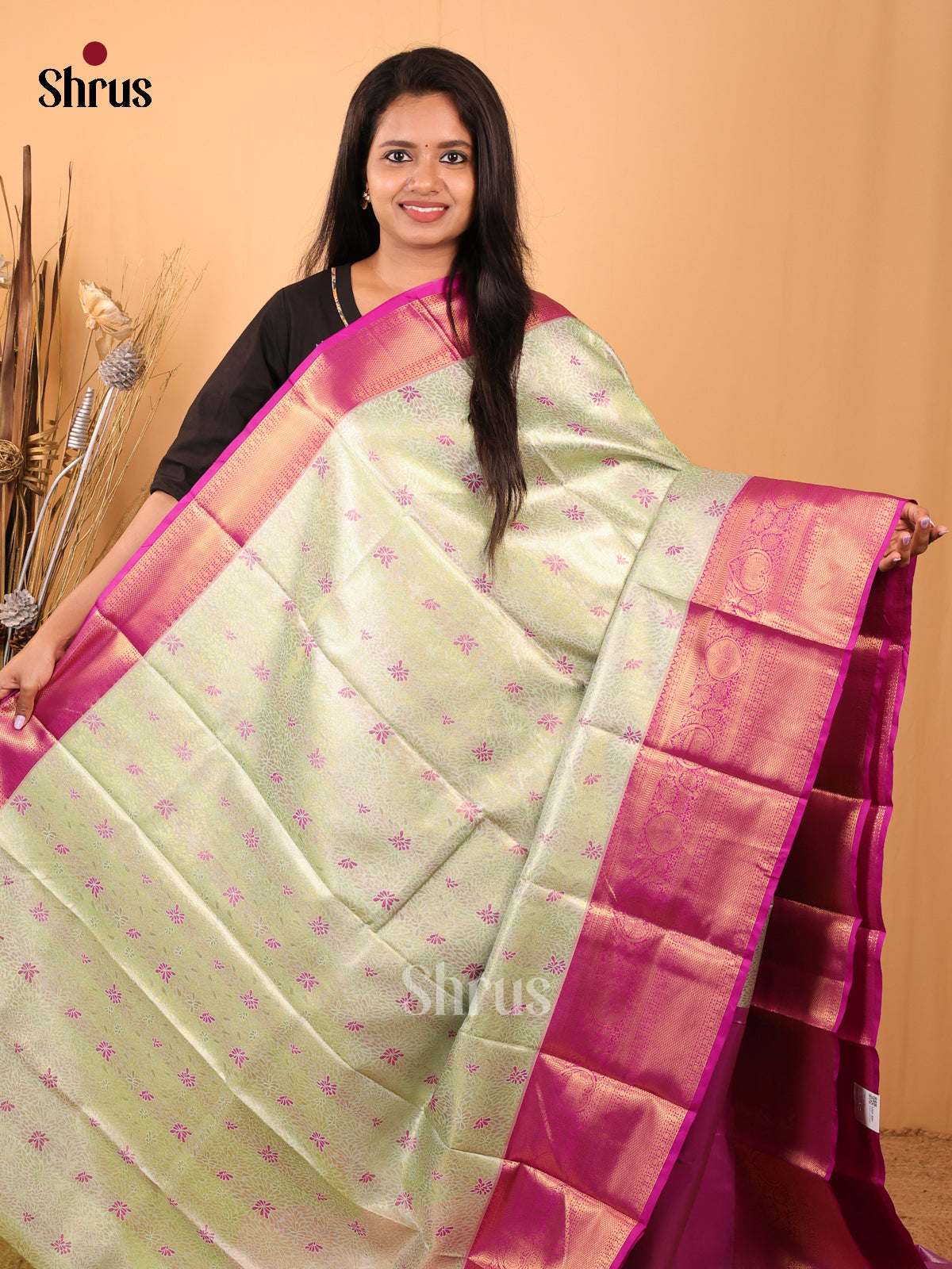 Pastel Green & Pink - Kanchipuram-halfpure Saree - Shop on Shrus.com