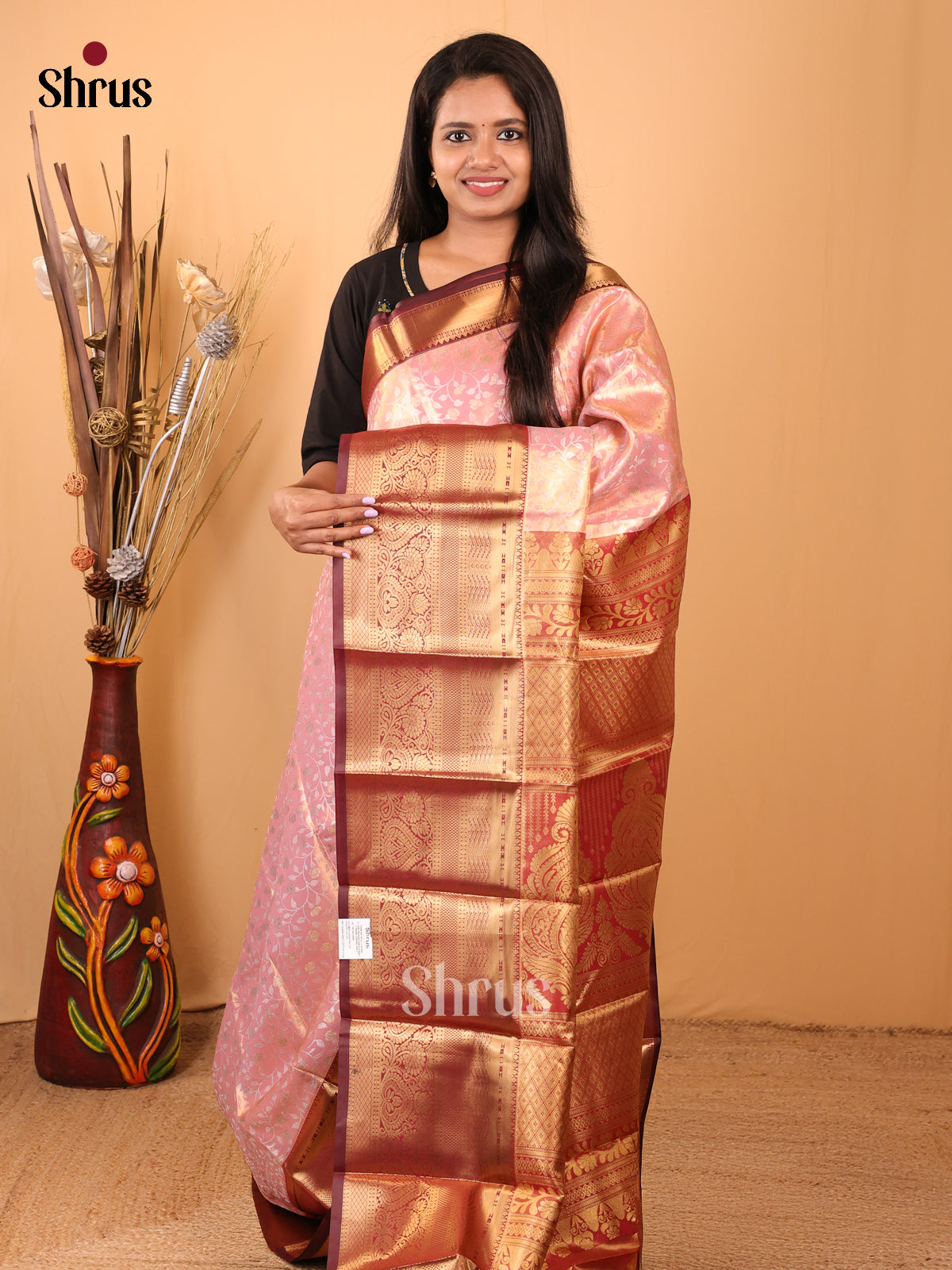 Pink & Brown - Kanchipuram-halfpure Saree - Shop on Shrus.com