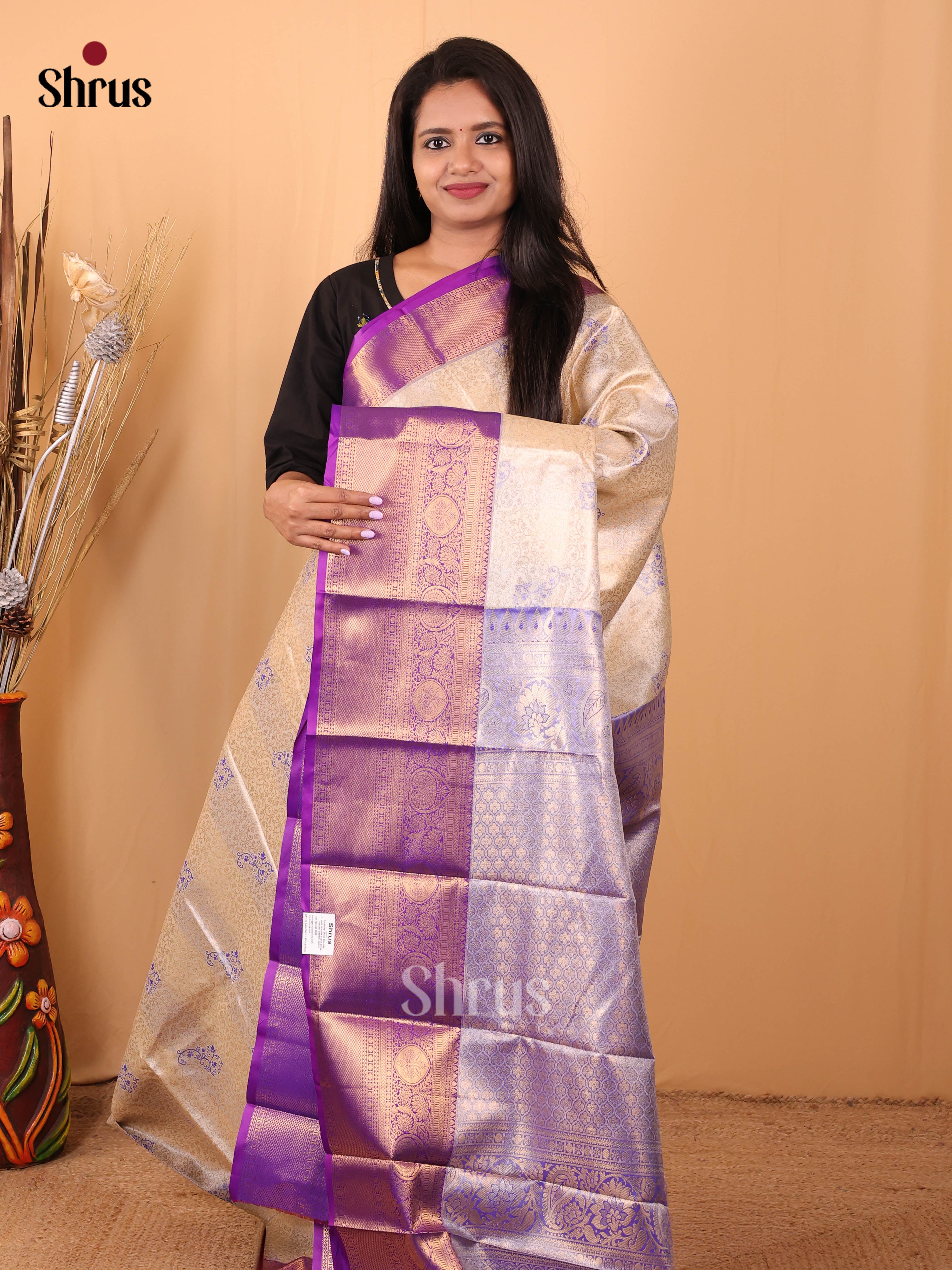 Cream & Violet - Kanchipuram-halfpure Saree - Shop on Shrus.com