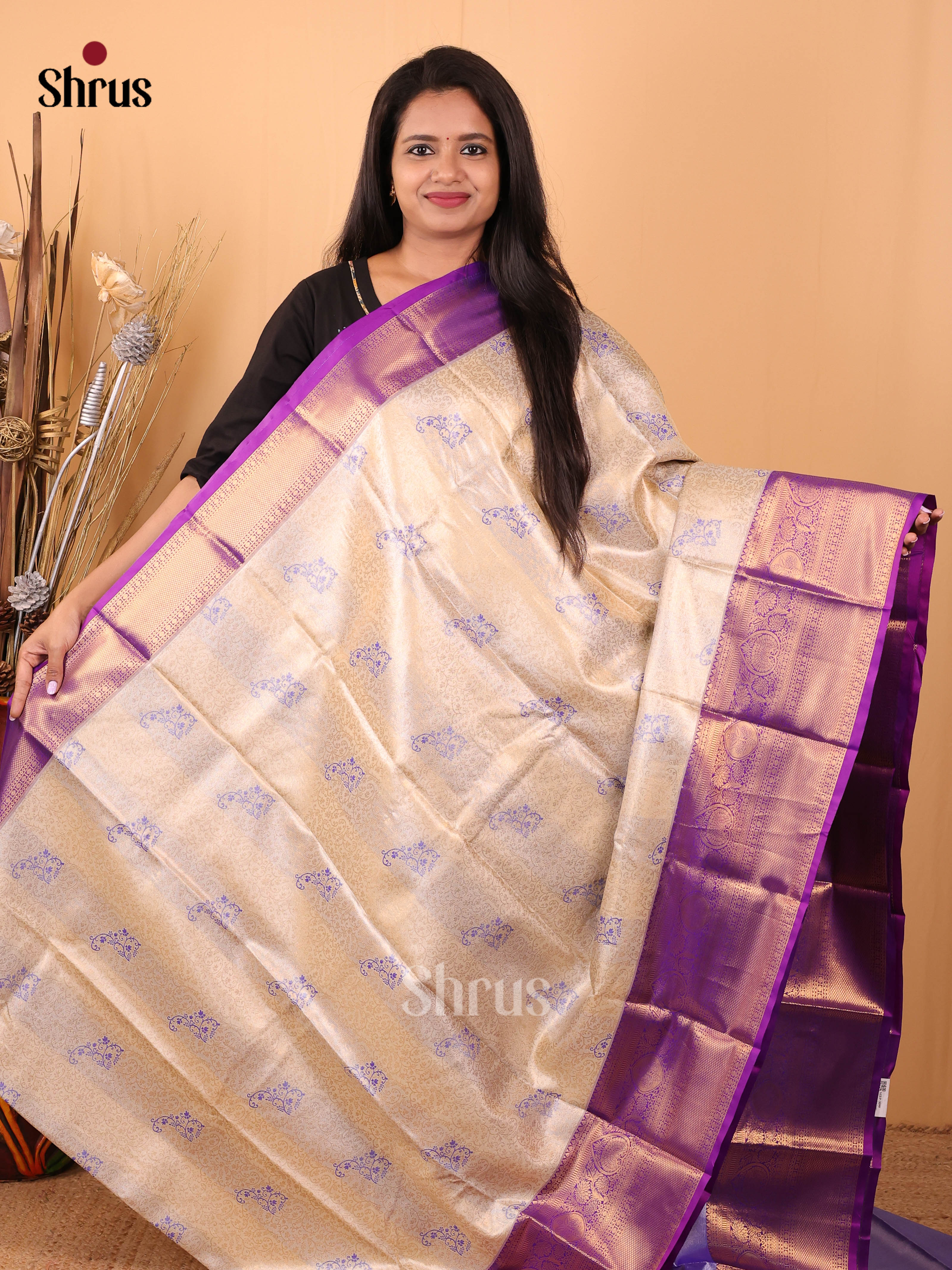Cream & Violet - Kanchipuram-halfpure Saree - Shop on Shrus.com